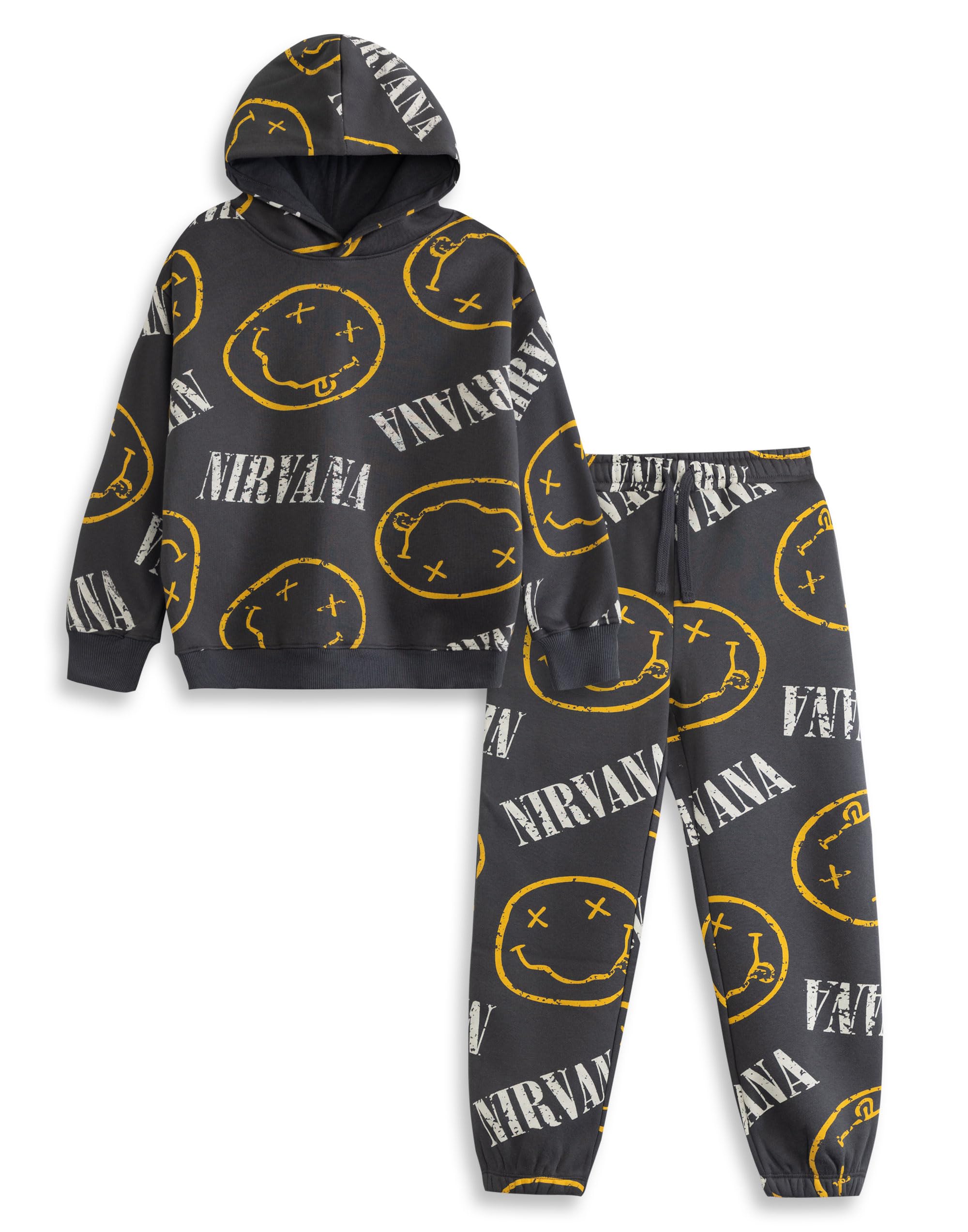 Nirvana Unisex Kids Dark Grey and Yellow Sweatshirt and Joggers Set | Long Sleeve Crew Neck with Cartoon Logo | Streetwear Loungewear for Active Play Merch - 7-8 Years