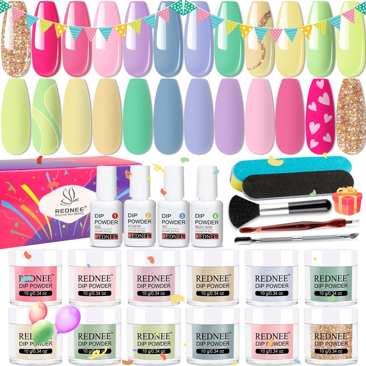 REDNEE 21 Pcs Dip Powder Nail Kit Starter - 12 Candy Colors Macaroon Pastel Acrylic Dipping Powder Kit for Manicure Festival Nail Design RE36