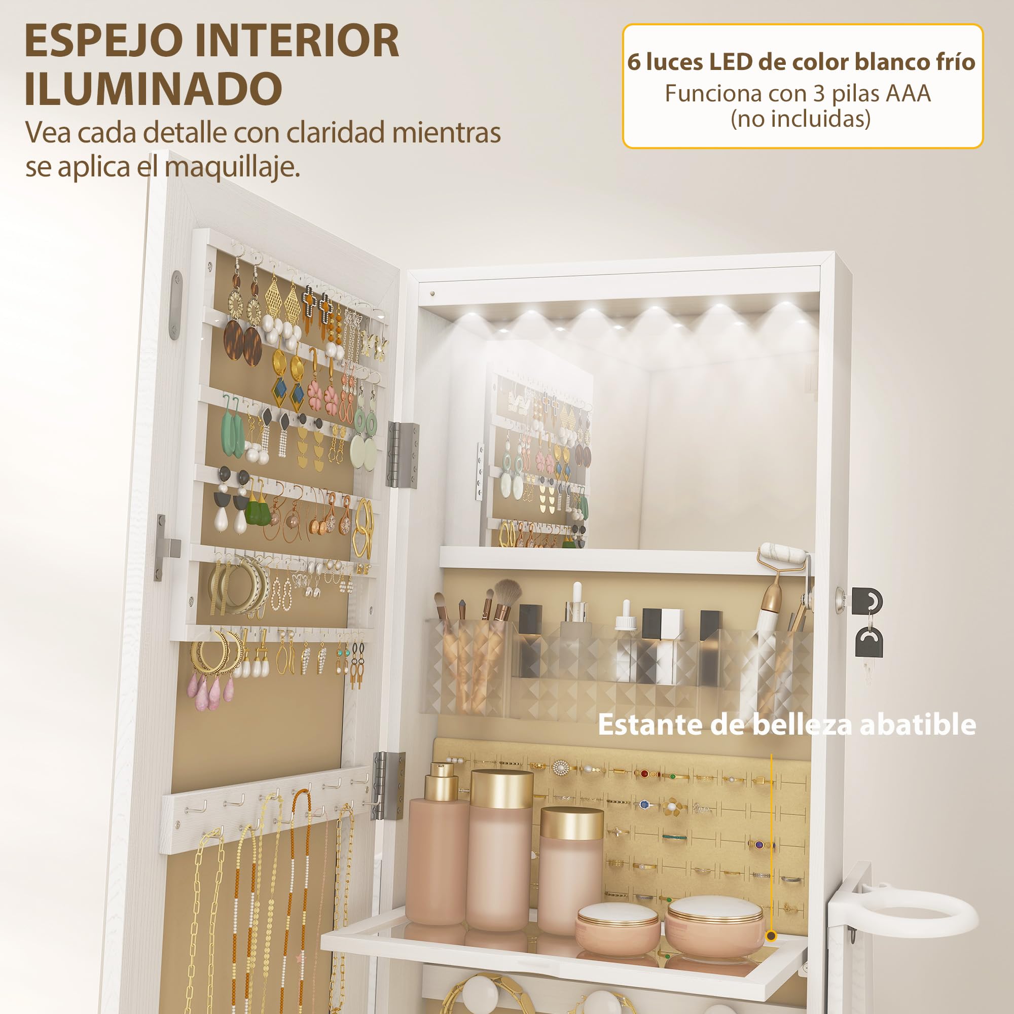 HOMCOM Armario Joyero de Pie con Luces LED, Espejo Cuero Entero, Soporte para Secador, Giratorio 360°, Cajón, Cerradura, Blanco y Beige