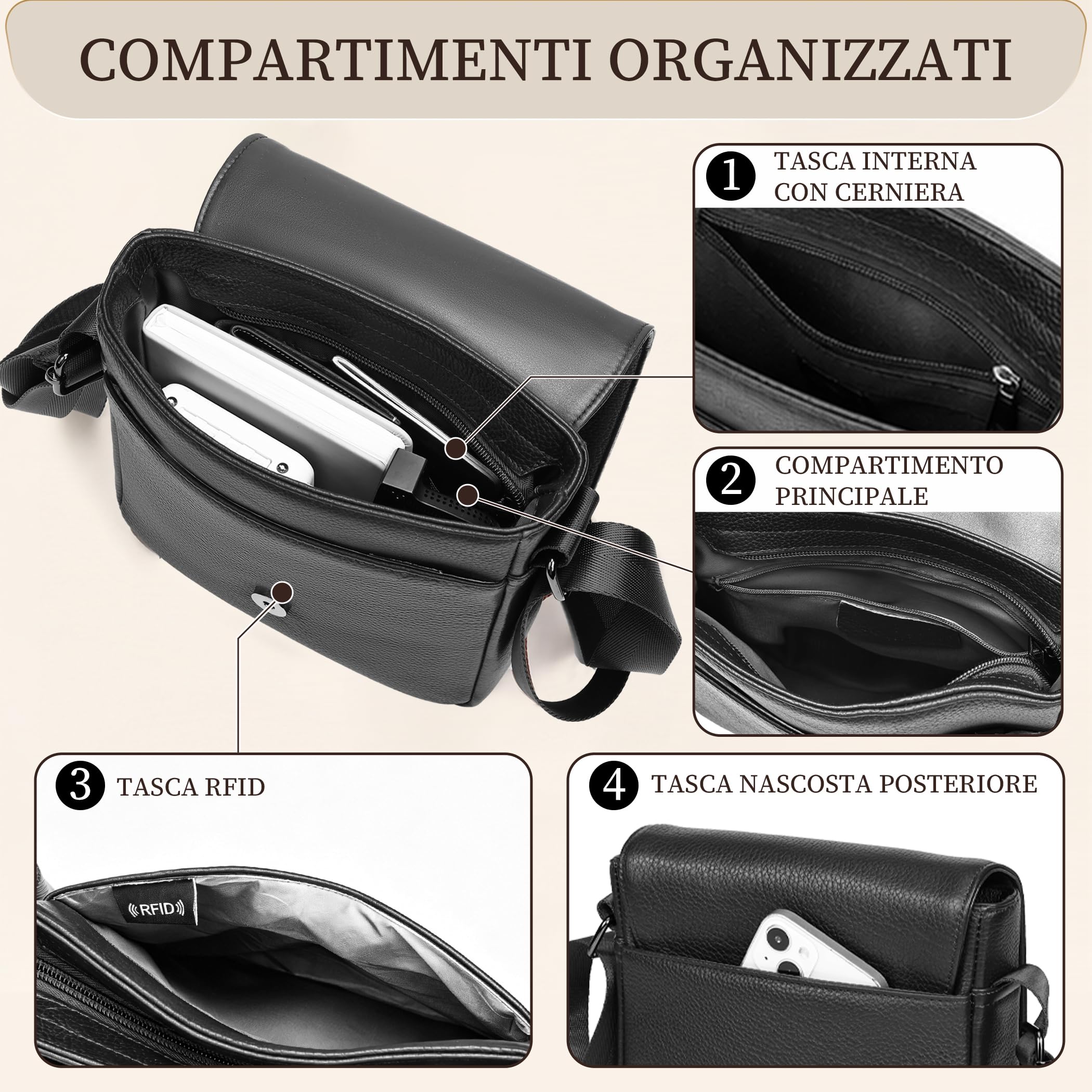 Eshow Borsello Uomo Tracolla in Pelle Genuina con Protezione RFID | Borsa Antifurto per Lavoro Viaggio e Tempo Libero