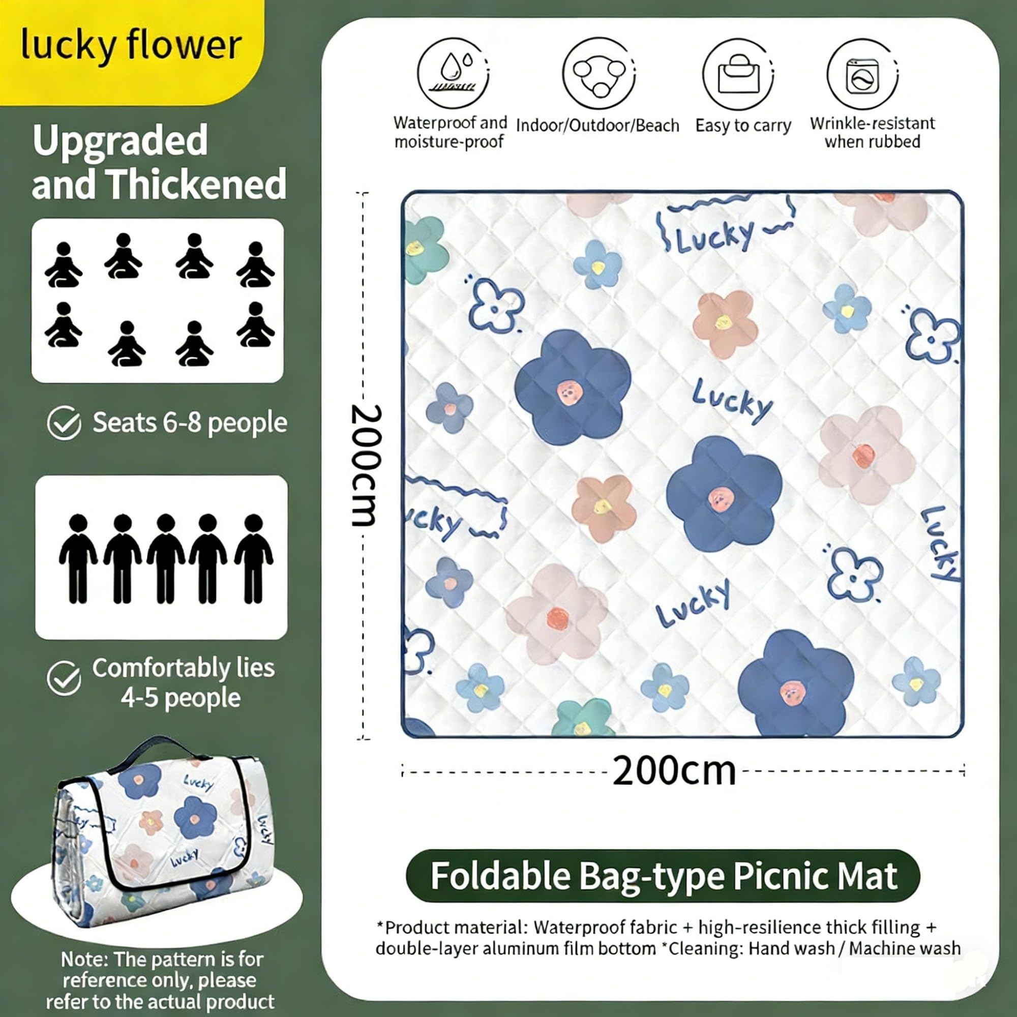 Tapis de Pique-nique Multifonctionnel - Couverture de Plein Air Portable pour 4-8 Personnes Idéal pour Parc Pique-nique Randonnée Camping Activités de Plein Air 200x200cm
