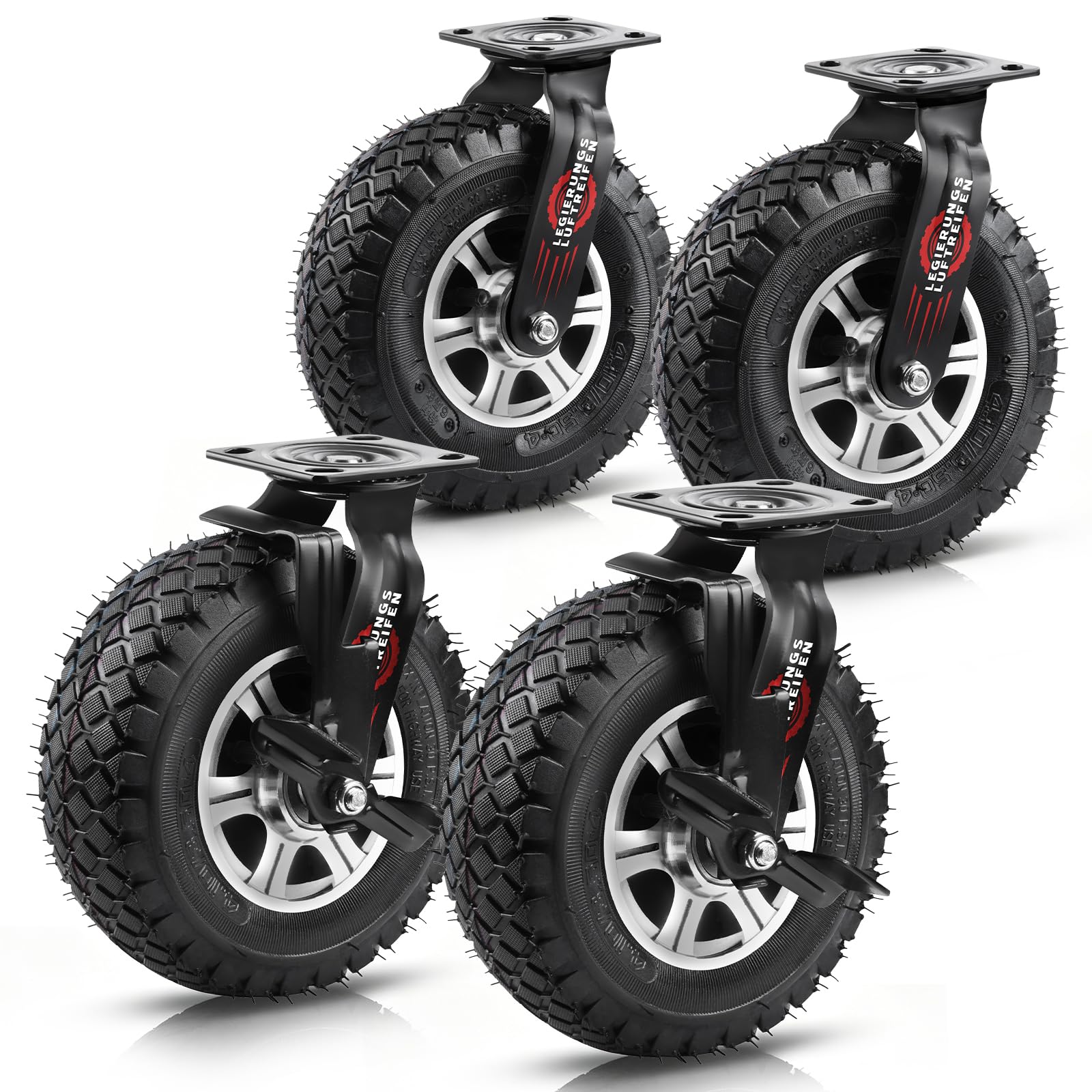 360° 2 Lenkrollen mit Bremse und 2 Lenkrollen Ø 250 x 90 mm, 4er Set | Luftbereiftes Schwerlastrad, Ruhiger Luftreifen, Aluminium-Leichtmetallrad, für Wagen, Karren, Pro Rad: 170 kg