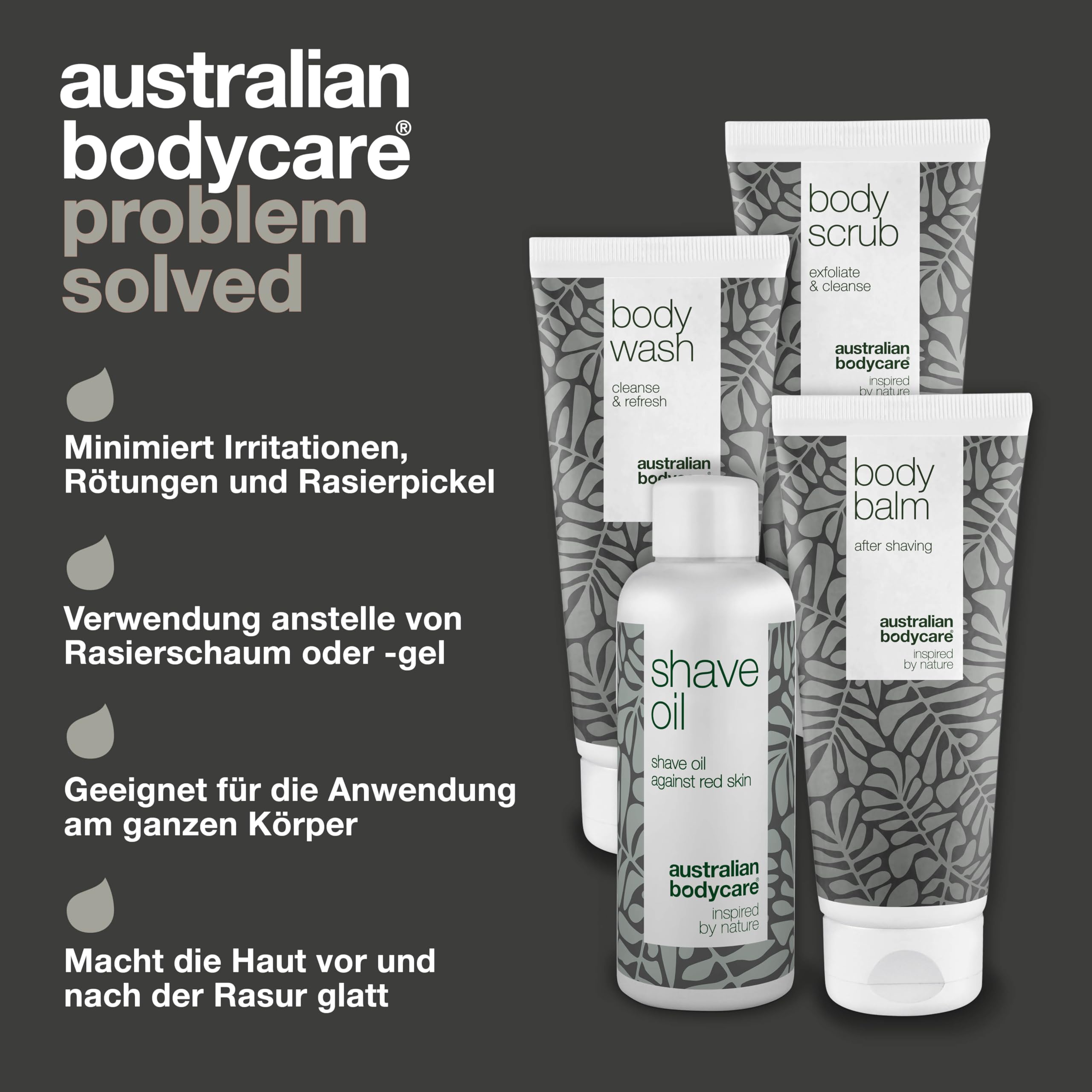 Rasur-Set für den ganzen Körper - Set mit Körperwaschgel, Peeling, Balsam und Rasieröl - Lösung für eine komfortable Rasur - Angereichert mit beruhigendem Teebaumöl - Perfekt für empfindliche Haut