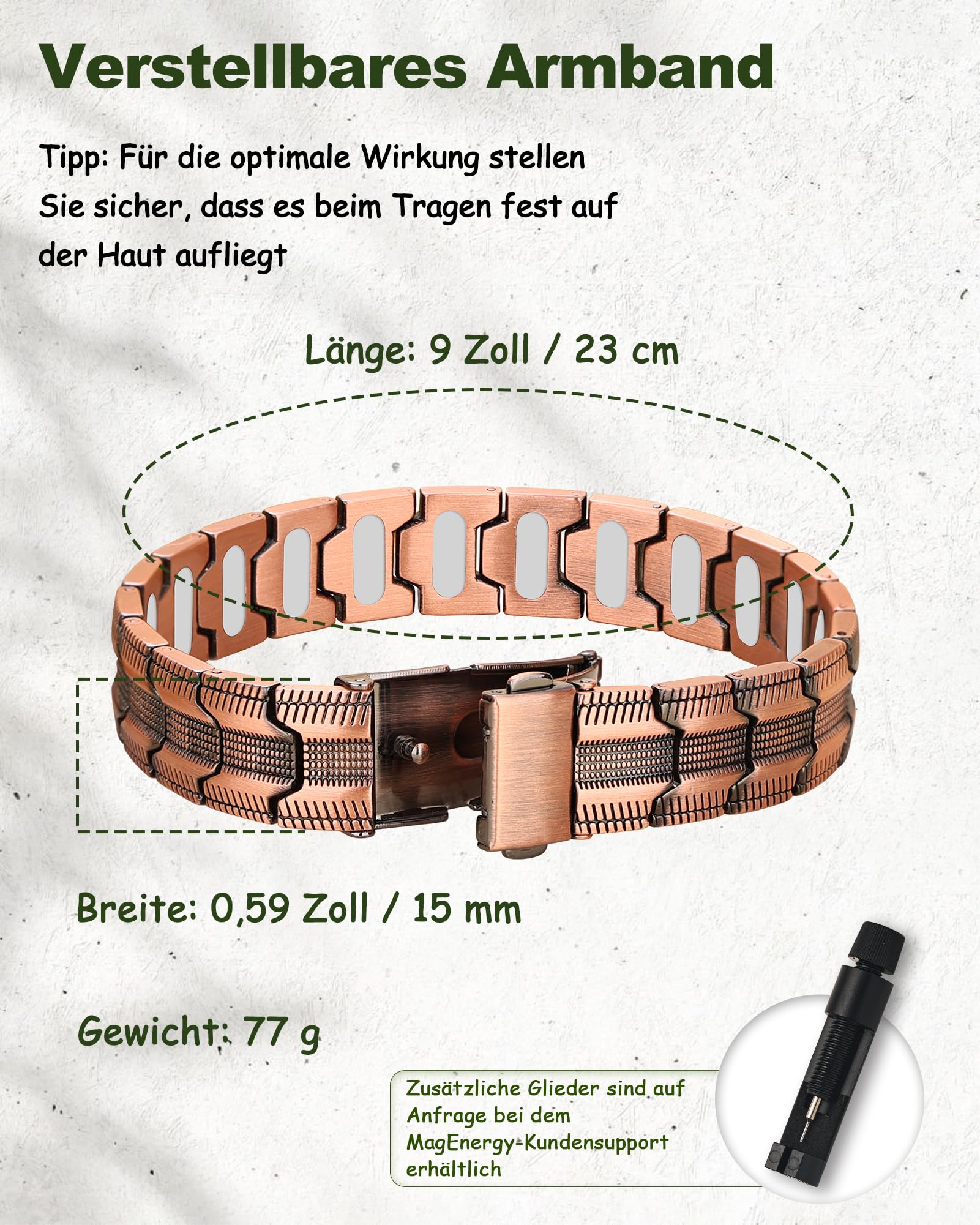 MagEnergy Bracelet en Cuivre pour Homme - Aimants Ultra-Forts de 5000 Gauss, Ajustable avec Outil de Réglage