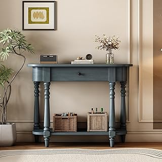 Farmhouse Console Table, Solid Wood Retro Corner-Curved Sofa Table with Top Drawer and Open Shelf for Living Room, Hallway, Entryway, Navy