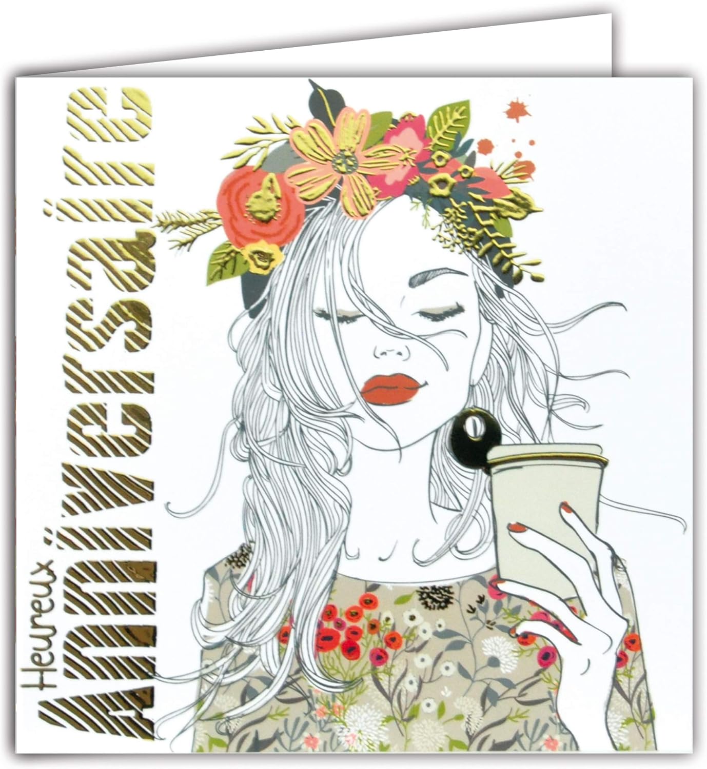 Happy Birthday Gold Square Card with Flower Wreath in Hair