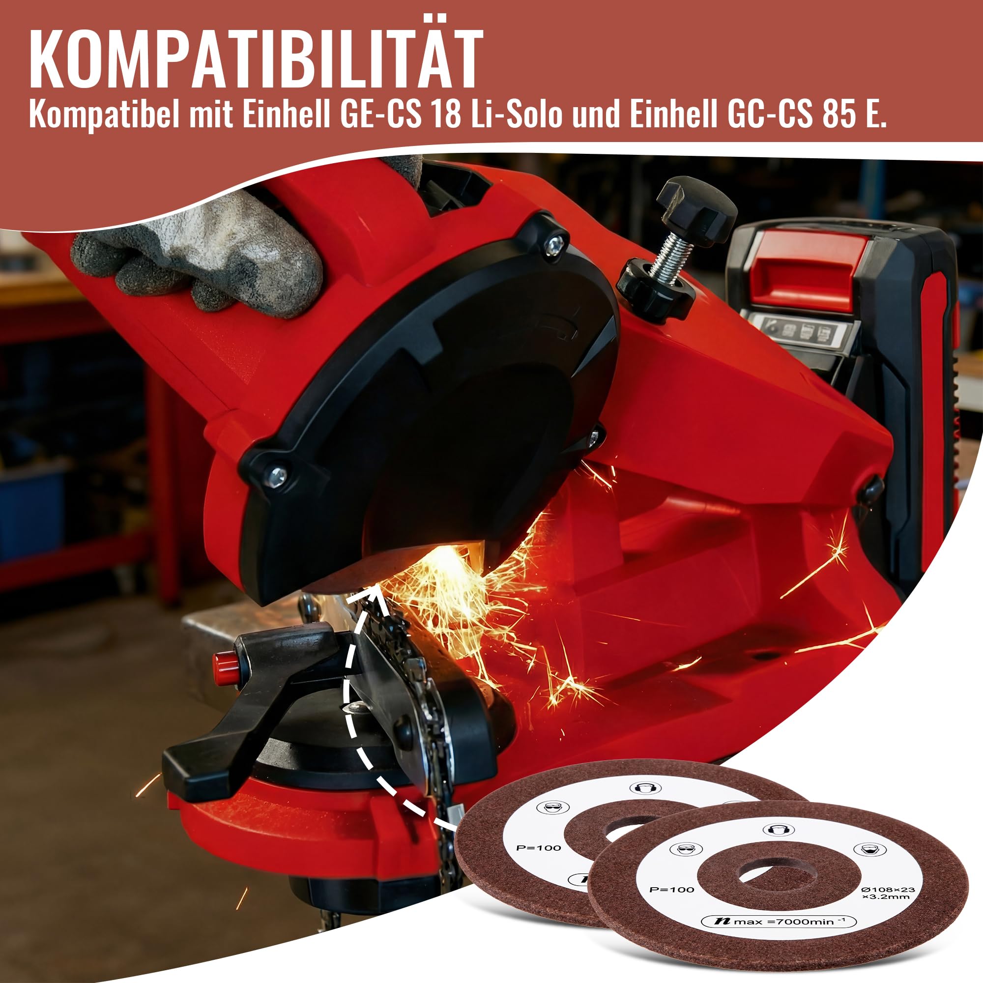 BBTO Mola abrasiva di ricambio in 2 pezzi compatibile con Einhell, diametro 108 mm, attacco 23 mm, grana P100, mola abrasiva per affilatura catene per seghe compatibile con Einhell