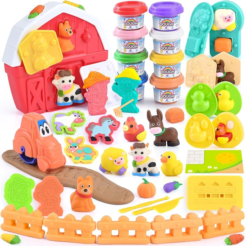 Juguetes de masa de color de animales de granja para niños de 2 a 4 a 8 años, gran granero rojo con figuras de animales, herramientas de modelado de masa de arcilla, manualidades, juguete de aprendizaje para niños pequeños, ideal regalo de cumpleaños de Navidad