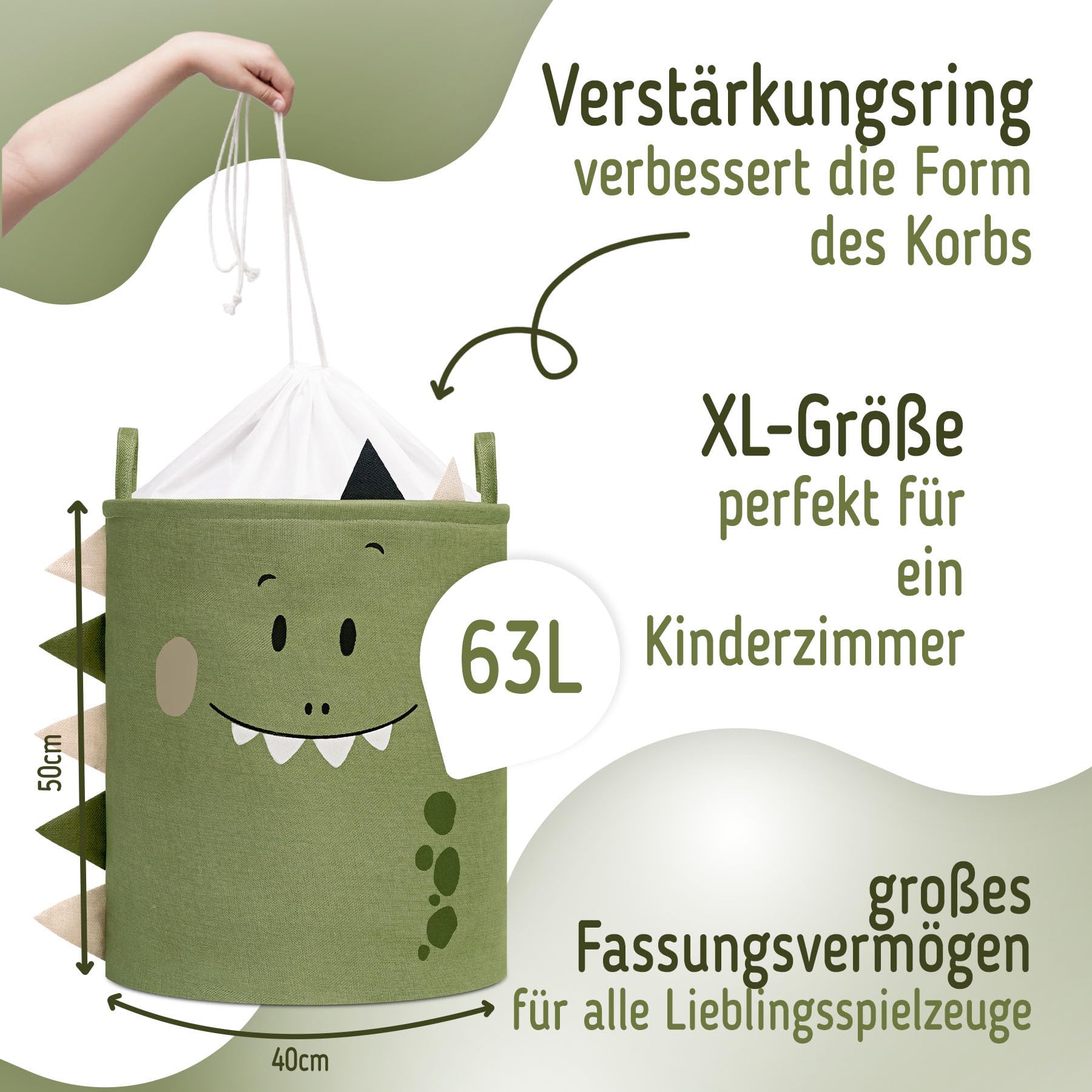 SIPO Spielzeugkorb Premium XXL 63L Dino, Faltbarer Spielzeug-Organizer mit Kordelzug, wasserdicht, Tragegriffe, skandinavisches Design