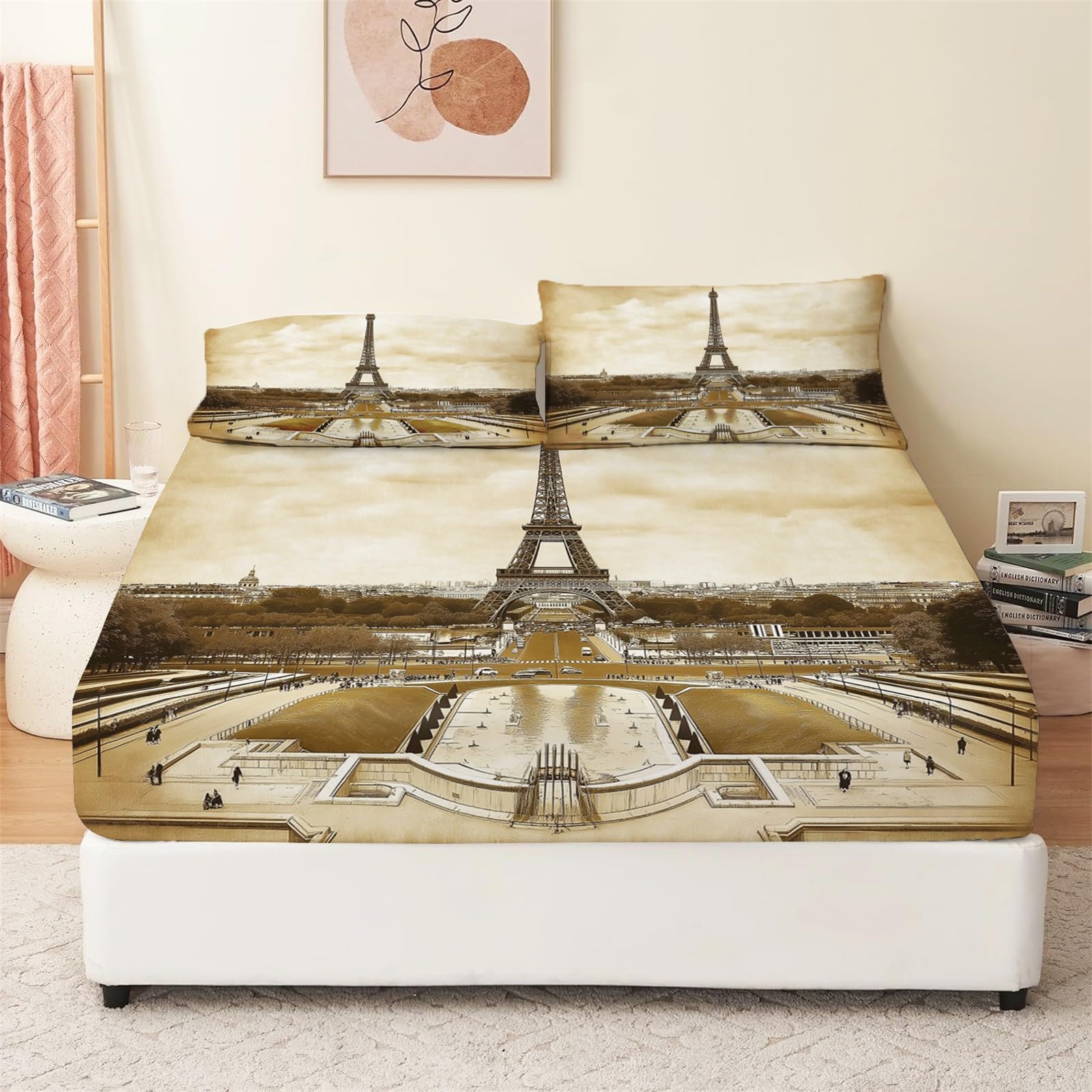 Prześcieradło z gumką w stylu vintage 160 x 200 cm, styl vintage, budynek miejski, wieża Eiffla, mikrofibra, 30 cm, głębokie, dopasowane prześcieradło, miękkie hipoalergiczne prześcieradło na łóżko