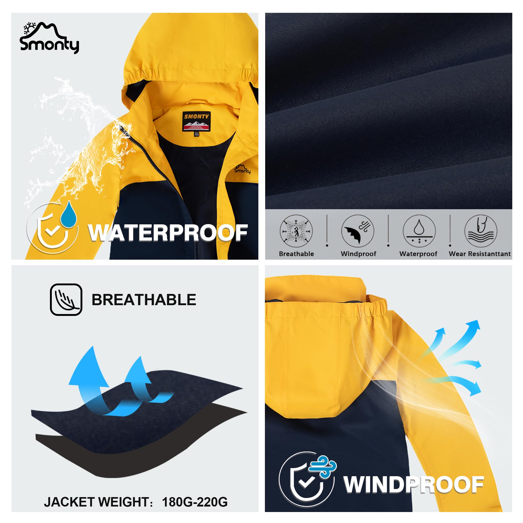 SMONTY Veste Imperméable pour Enfant Résistant au Vent Softshell à Capuche Veste Extérieure Respirante pour La Randonnée, Le Vélo et La Course à Pied