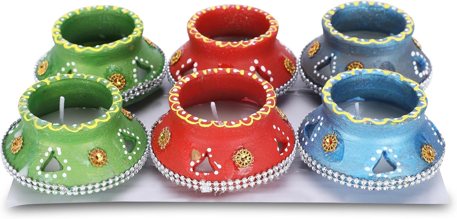 6-Piece Wax Filled Handmade Terracotta Matki Diyas for Pooja & Diwali Decor
