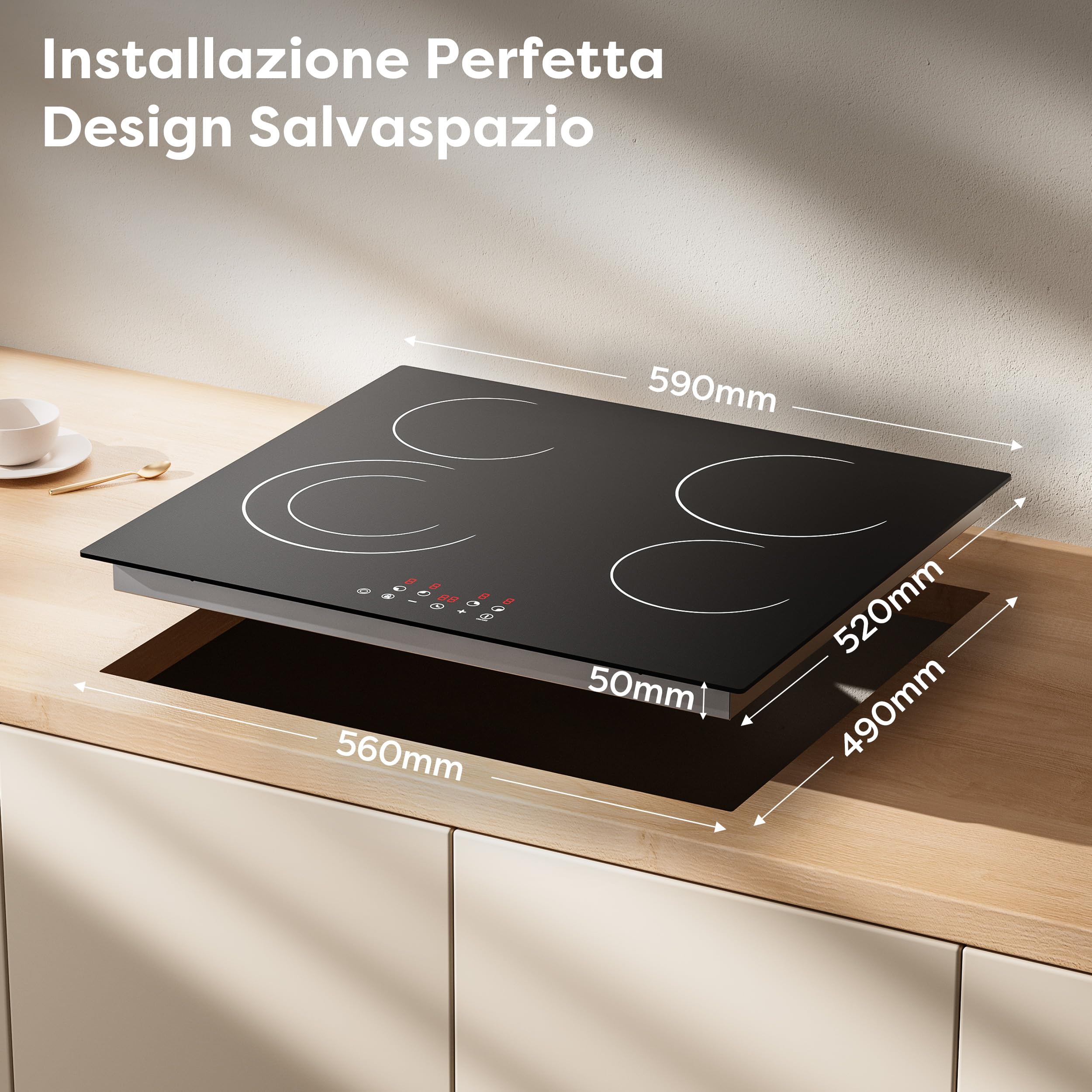 CDV Piano Cottura Vetroceramica 4 Fuochi 6400 W Doppia Zona | Piano 60 cm da Incasso con Doppia Zona, 9 Livelli, Timer 99 Min, Blocco Bambini e Spegnimento Automatico
