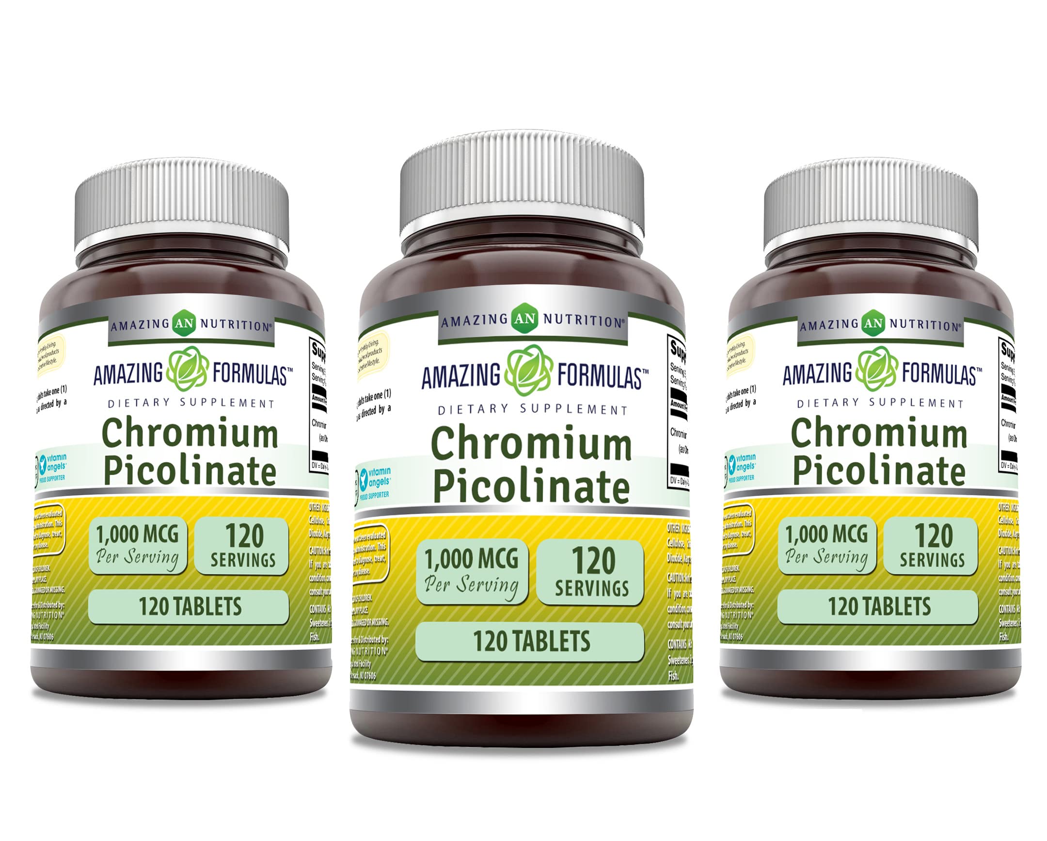 Amazing Formulas Chromium Picolinate 1000 Mcg | Tablets Supplement | Non-GMO | Gluten-Free | Made in USA (120 Count, Pack of 3) Unflavored 180 Count (Pack of 2)
