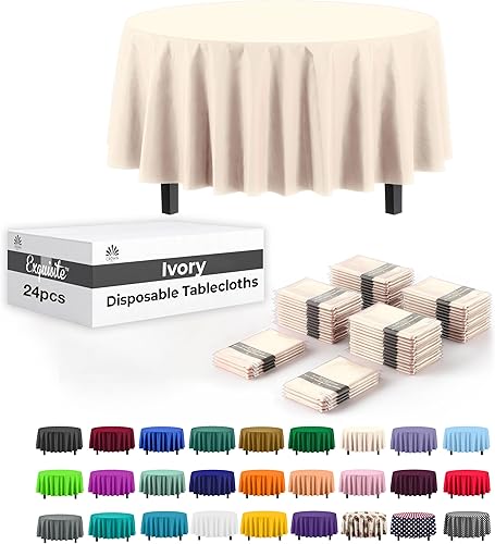Exquisite Paquete de 24 manteles de plástico color marfil, mantel redondo desechable de 84 pulgadas para fiestas, mantel redondo, manteles