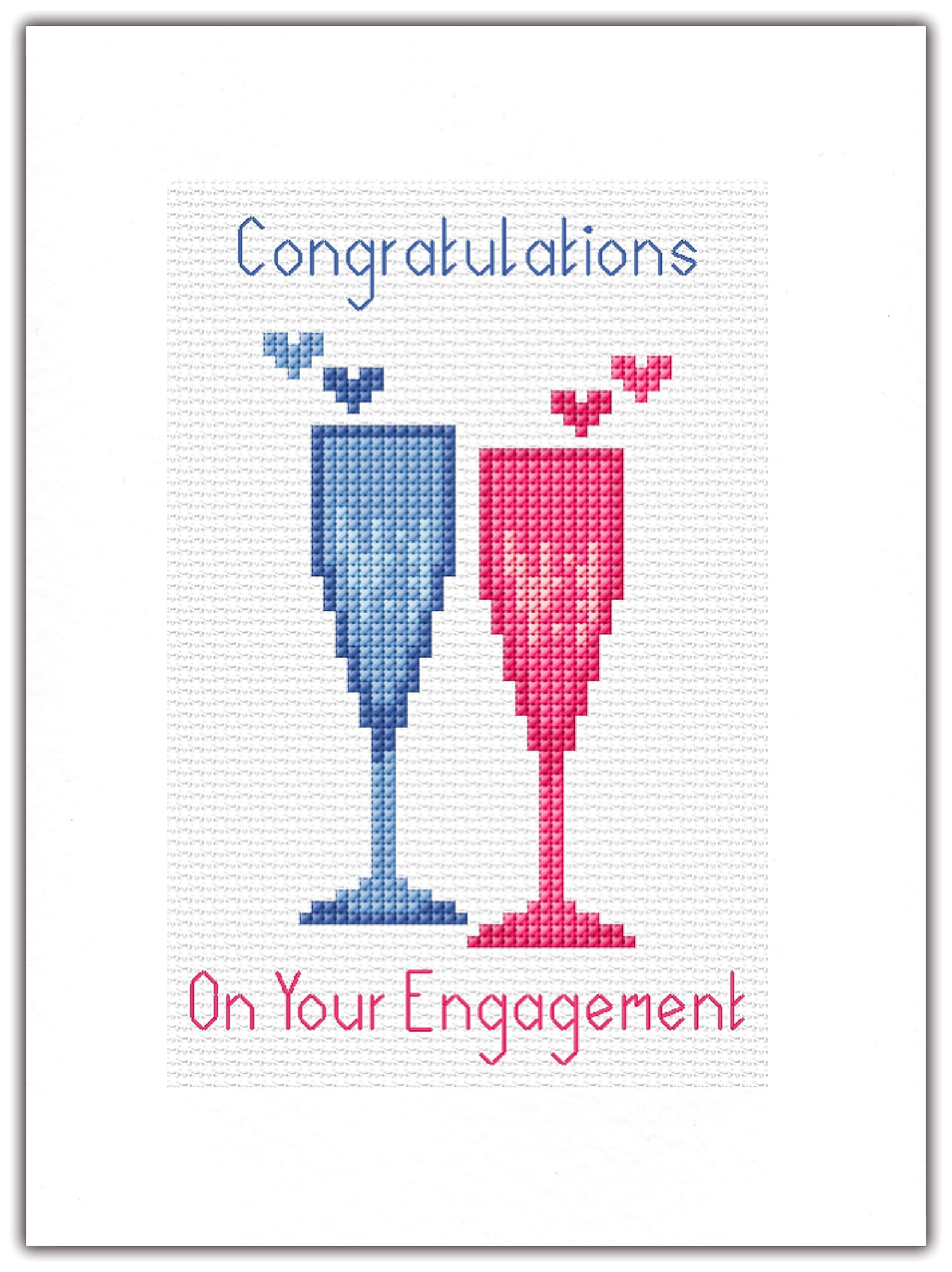 Skye Stitching & Photos Congratulations On Your Engagement, Pair Champagne Flutes/Glasses - 14ct Cross Stitch A5 Card Kit (Plain White Card, Blue+Pink)