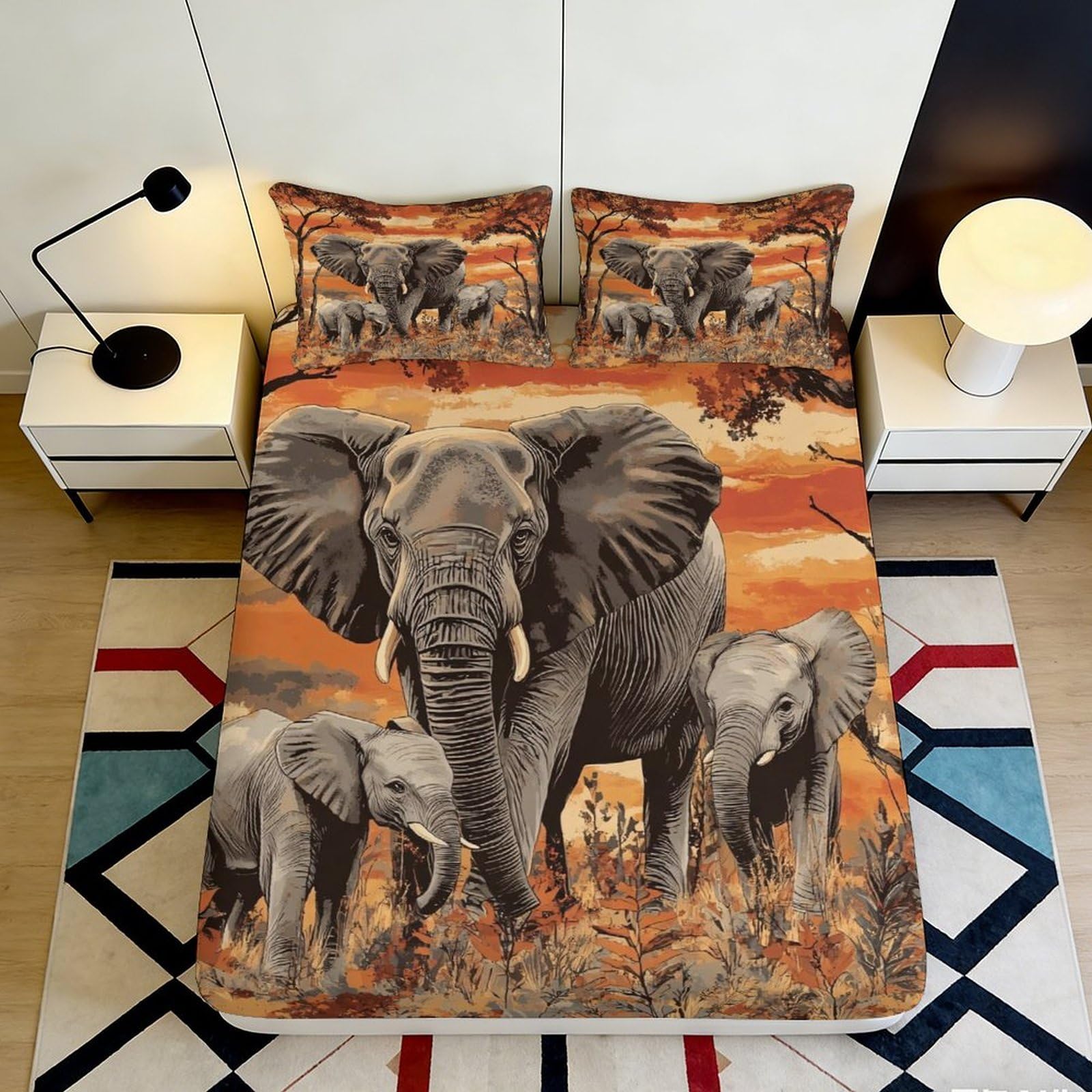 3D Printed Elephant Fitted Sheet Microfiber Deep Pocket Safari Mattress Fitted Cover Elastic Hem Washable Bedding 180x200x25cm