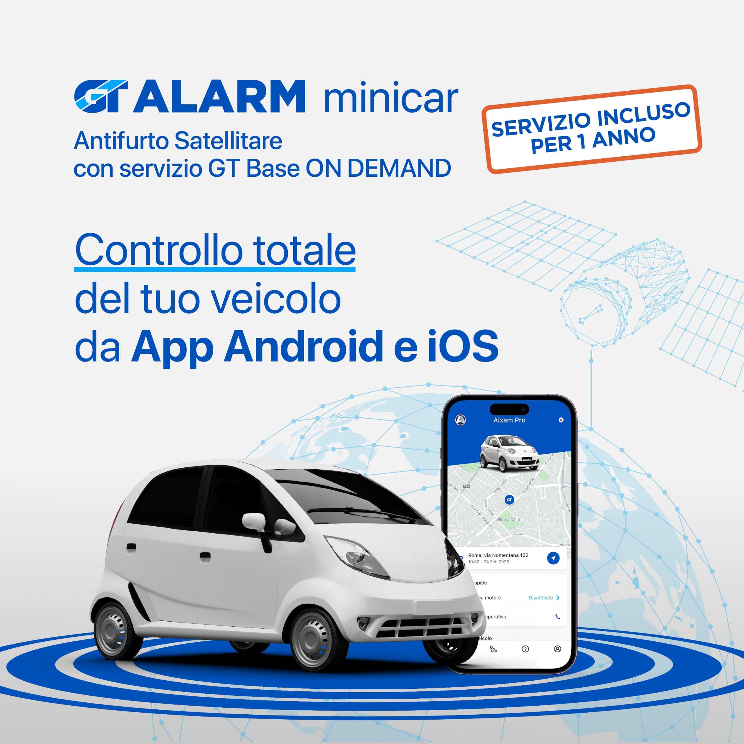 GT ALARM MINICAR - Antifurto Satellitare 4G per Minicar - Centrale Operativa e facile installazione