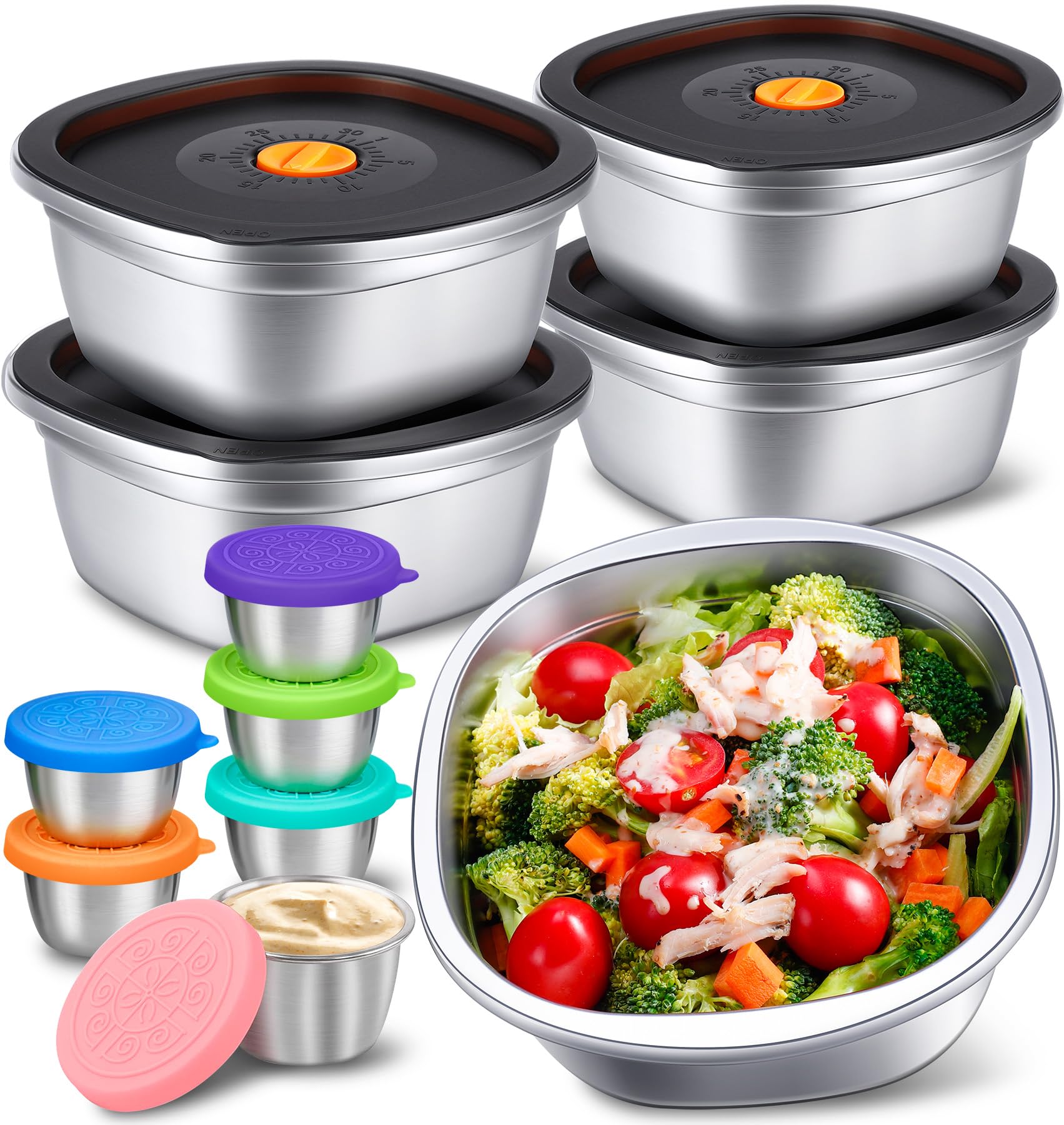 11-Piece Stainless Steel Salad Bowl Set, 5 Bowls (50 oz) &amp; 6 Dressing Cups