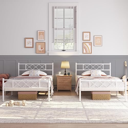 Miniatura 10 de Yaheetech Base de colchón de plataforma de metal doble negra con cabecero y estribo debajo de la cama, listones de acero, no necesita somier, 2