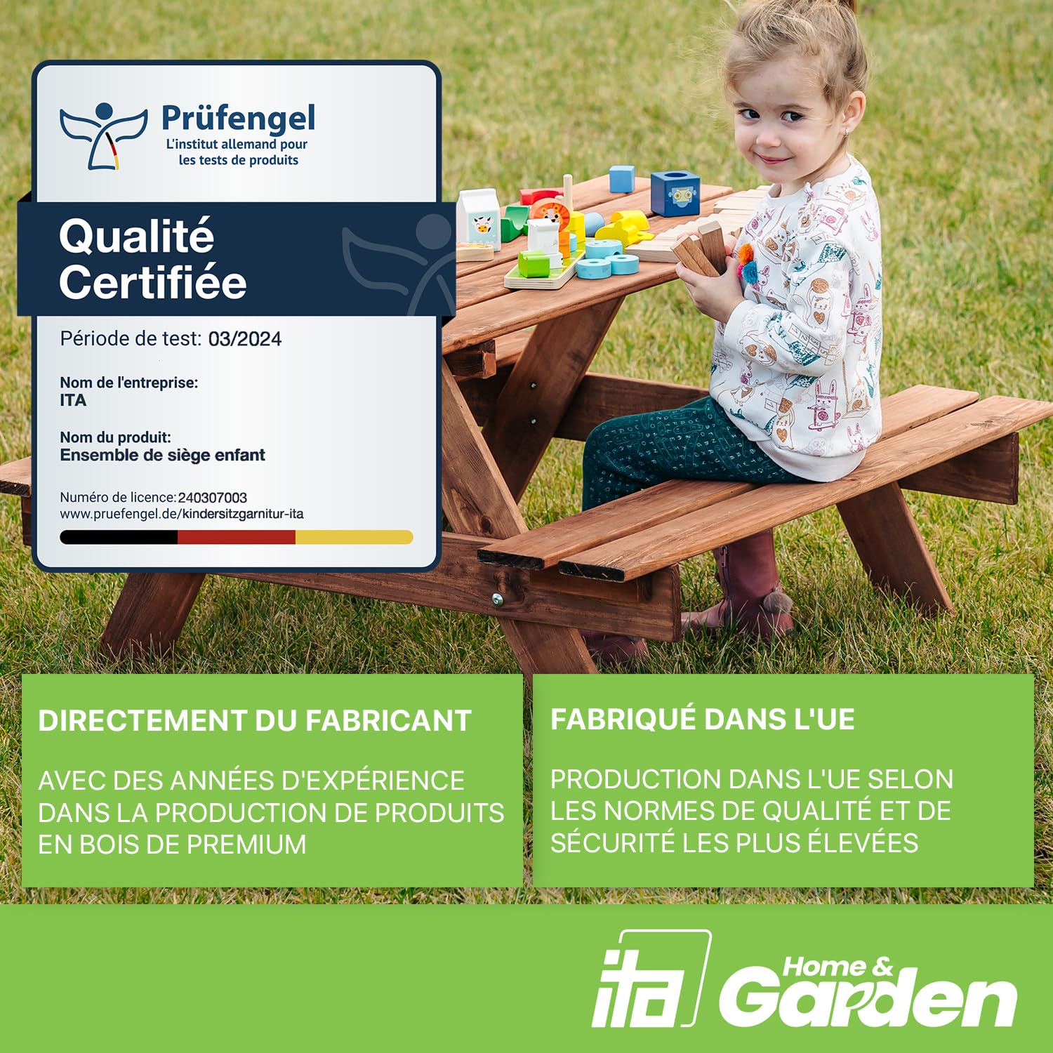 ITA Table de Pique-Nique pour Enfants en Bois avec 2 bancs, Ensemble Table et bancs pour Enfants dès 3 Ans, pour intérieur et extérieur, Bois certifié FSC, fabriqué dans l'UE, Marron