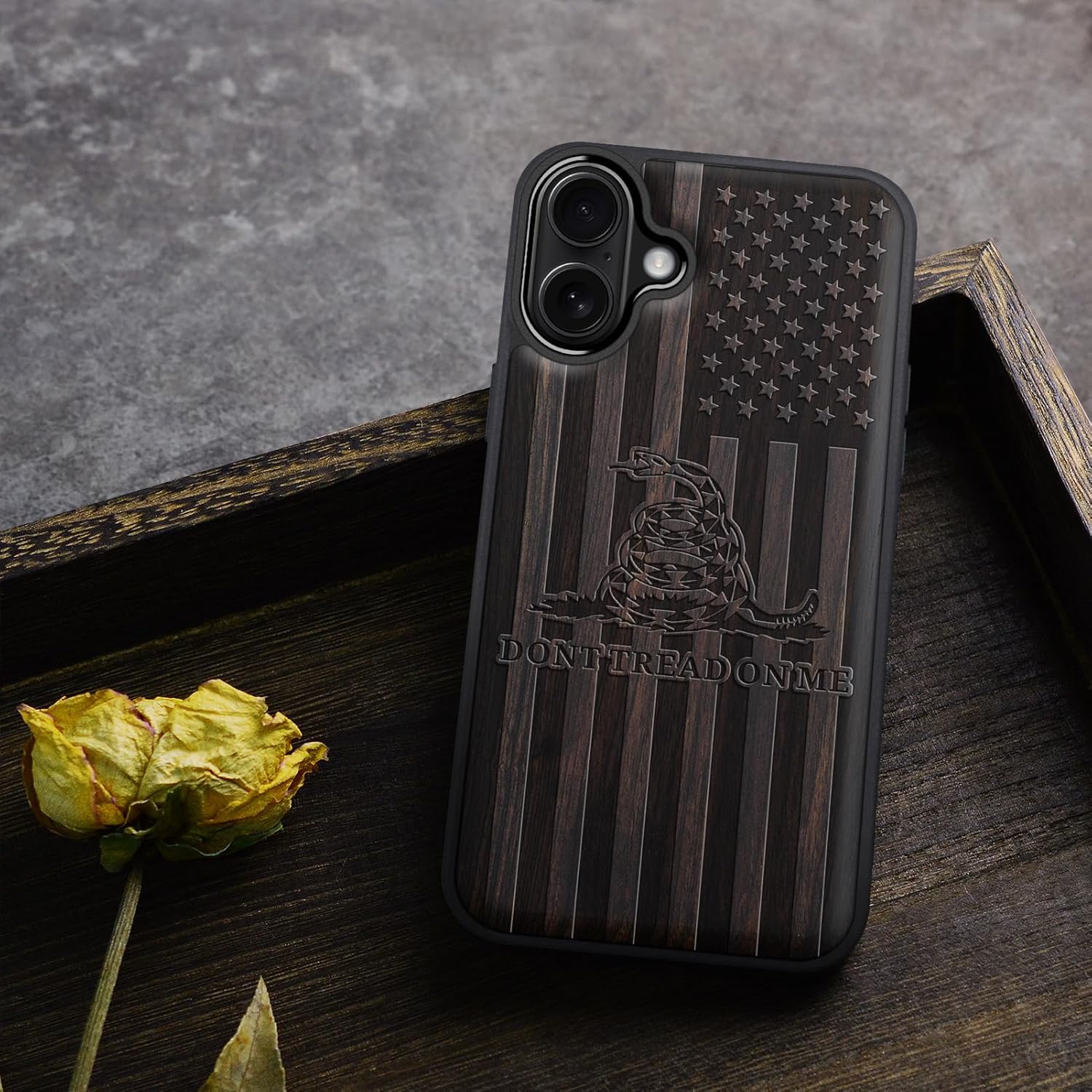 Carveit Magnetic Wooden Case for iPhone 16 Plus Case, Wood Artisan Engraved & Black Soft TPU Shockproof Cover, Compatible with MagSafe Wireless Chargers (Gadsden and American Flag) Blackwood