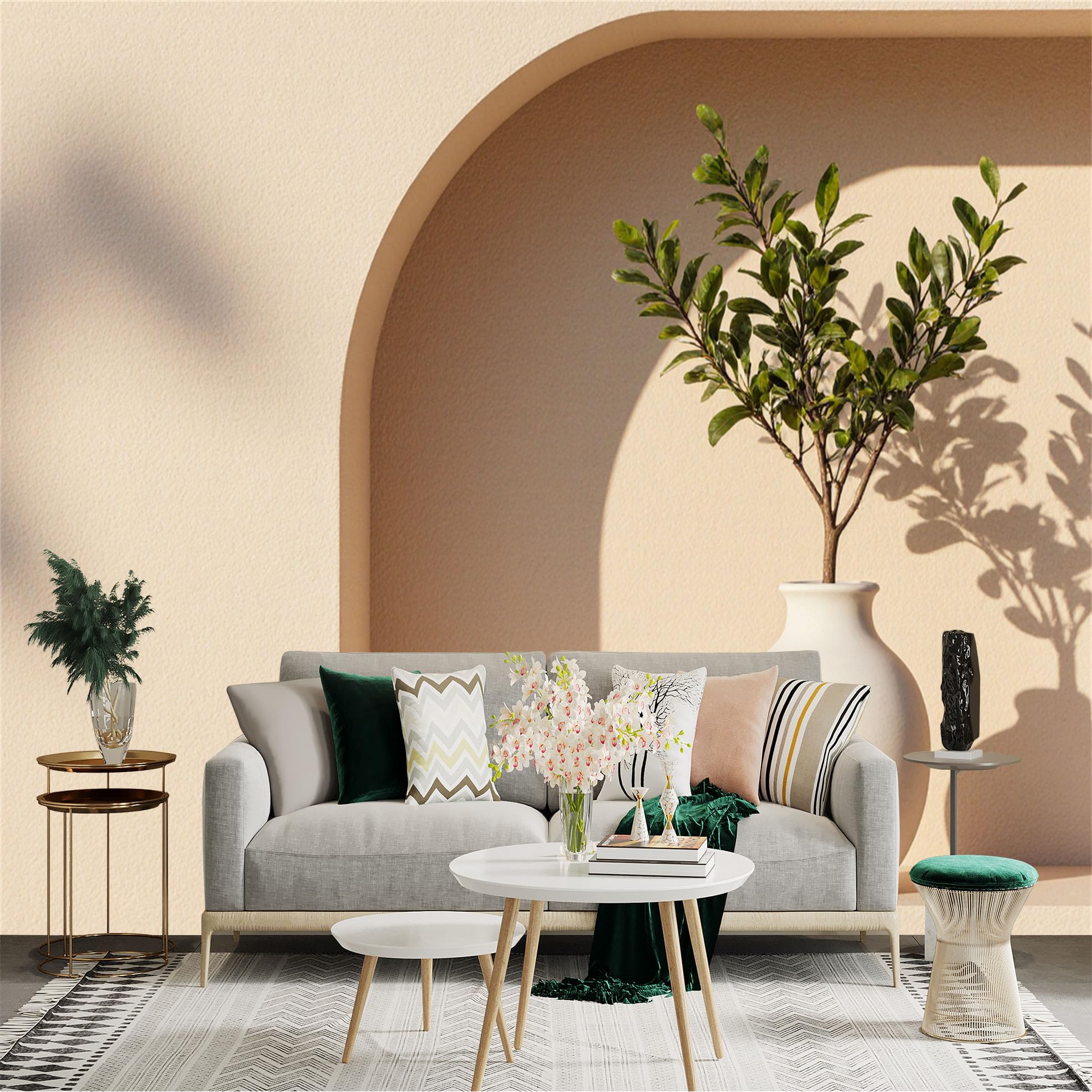 Custom Size Wall Sticker Mural， Minimalist Arch with Vase and Plant， Neutral Beige Decor， Sunlit Aesthetic， for wall Decoration， peelandstick wall Decals.
