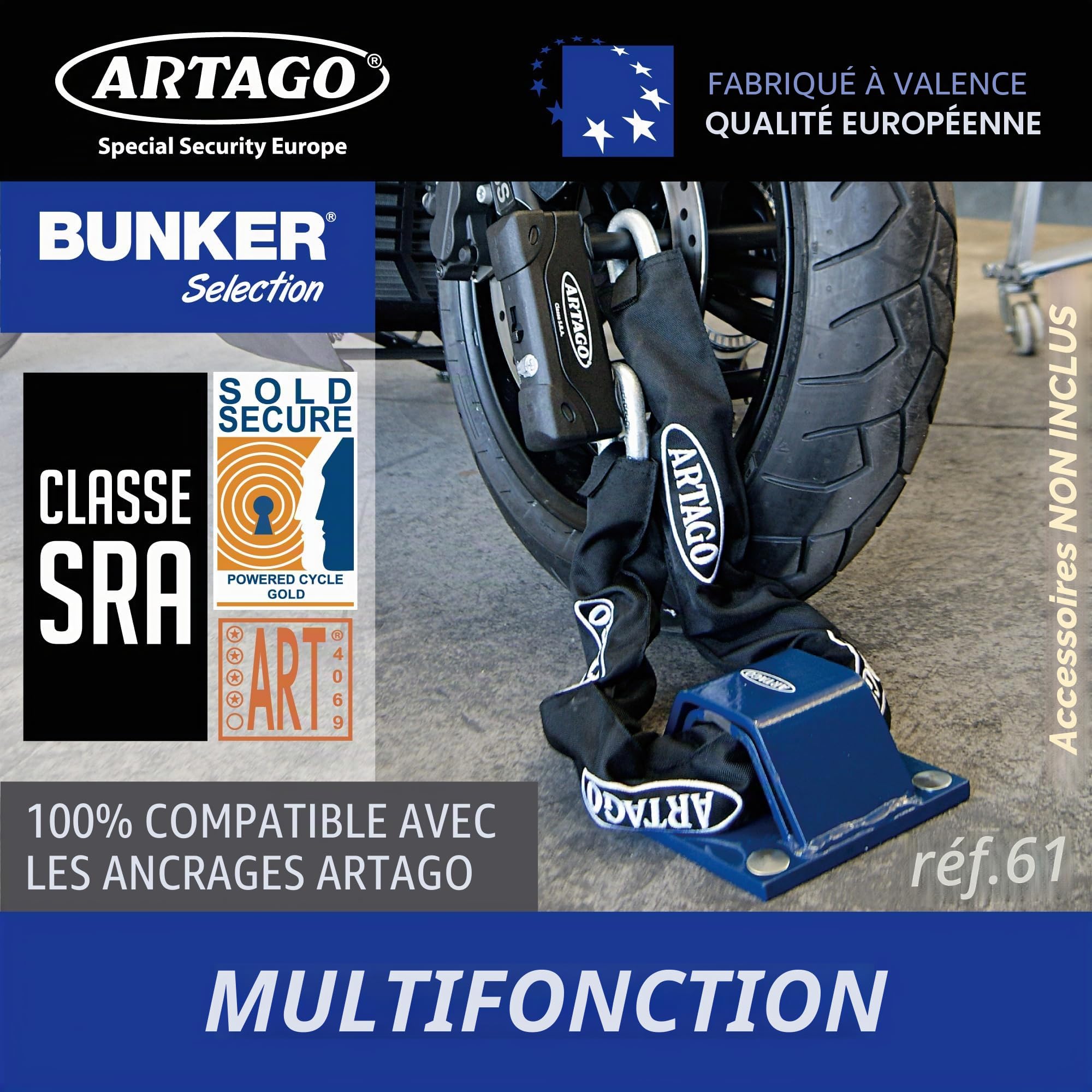 Artago 18ART270 Antivol U Moto Haut de Gamme Homologué SRA, Sold Secure Gold, ART4, BUNKER SELECTION, Acier Trempé ø18mm, Double Système de Verrouillage MRT Blindé, 85x245mm, Cadenas en U pour Moto