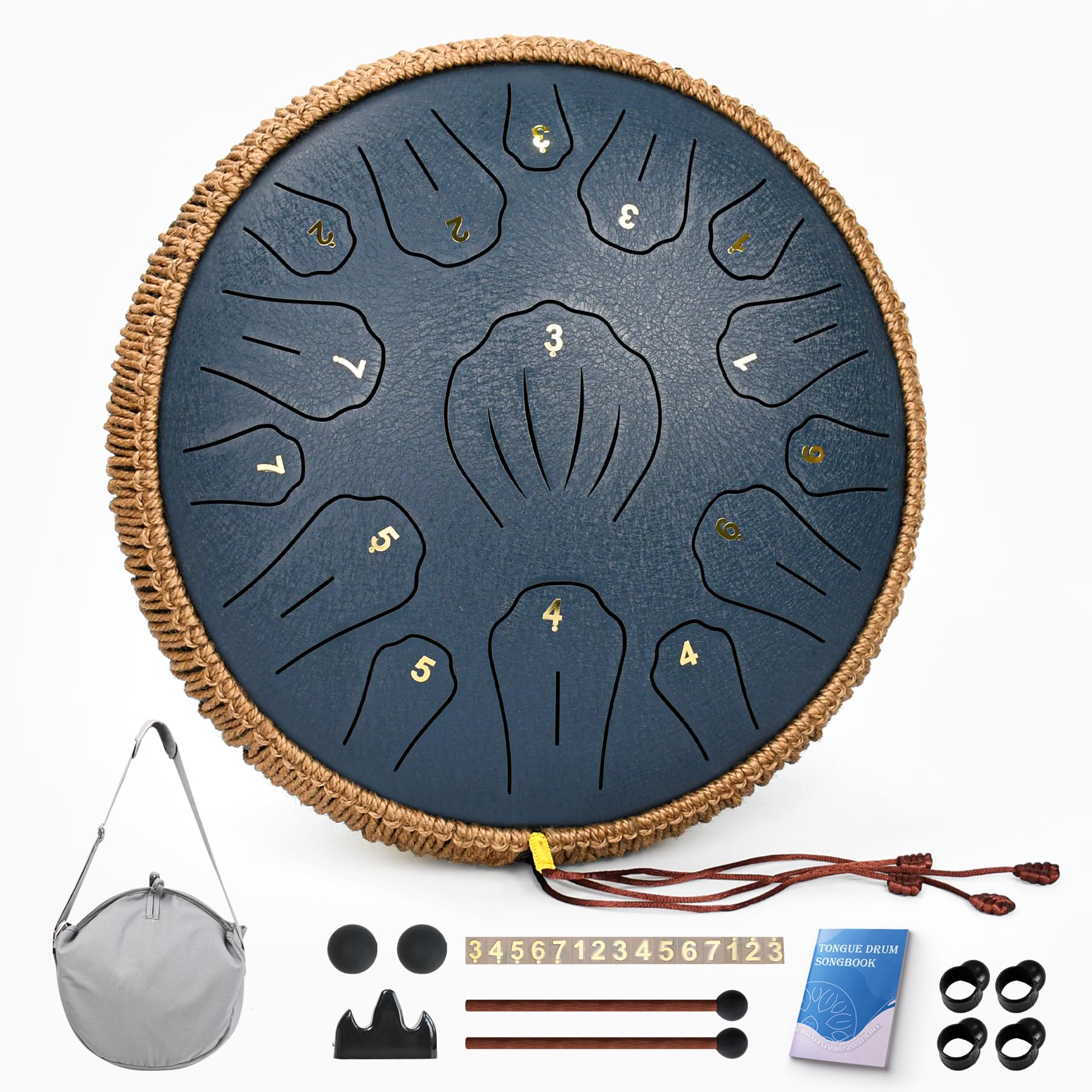 Steel Tongue Drum - 33 cm - Tambour à langue en acier à 15 tons - Instrument de musique à main pour adultes et enfants - Avec carnet de partitions, maillets et sac de transport - Do majeur - Bleu