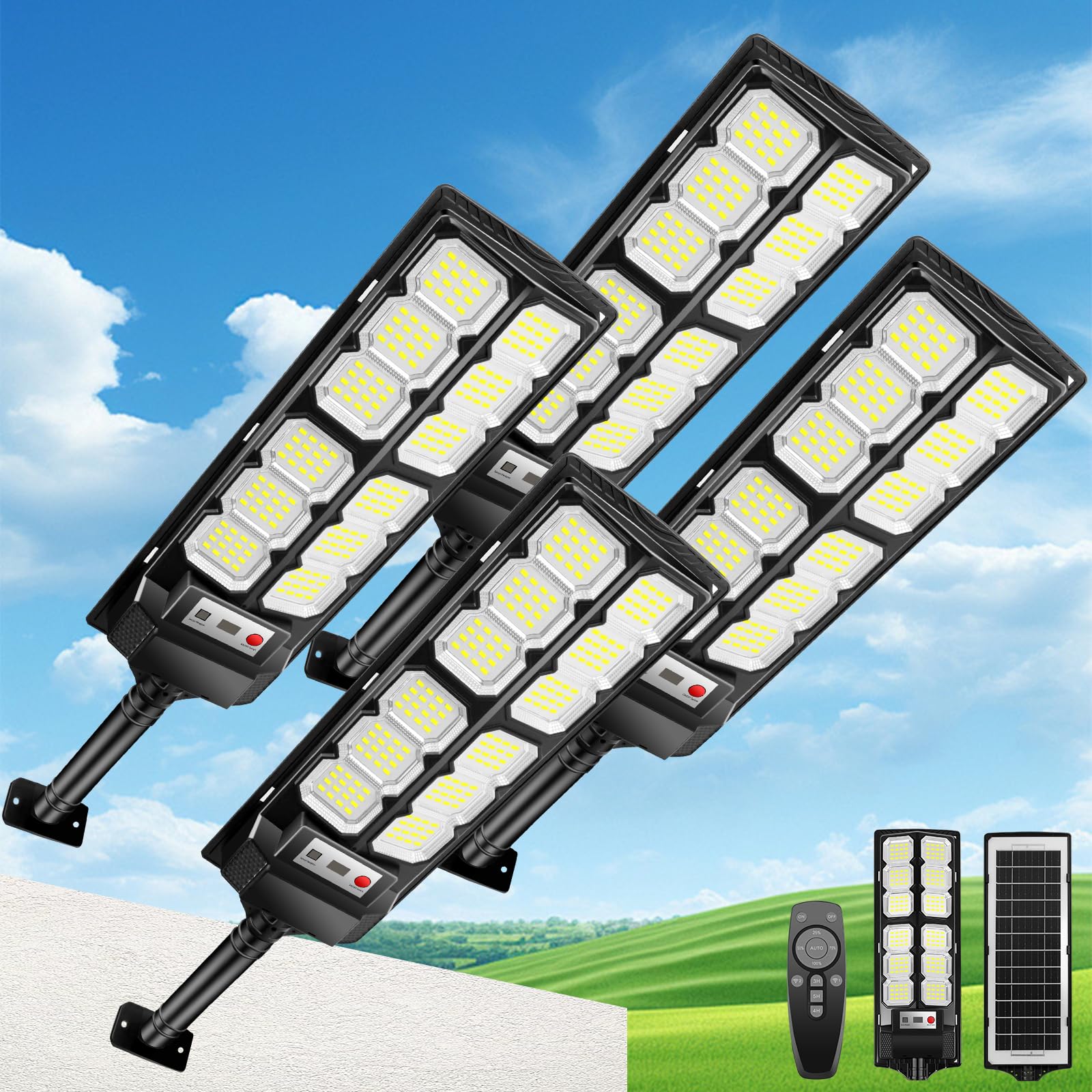 600W Lampione Solare Led Esterno 4 pezzi,IP66 Impermeabile Faretto Stradale con Sensore di Movimento,6500K Lampioni da Giardino Esterno Solari per Garage Strada