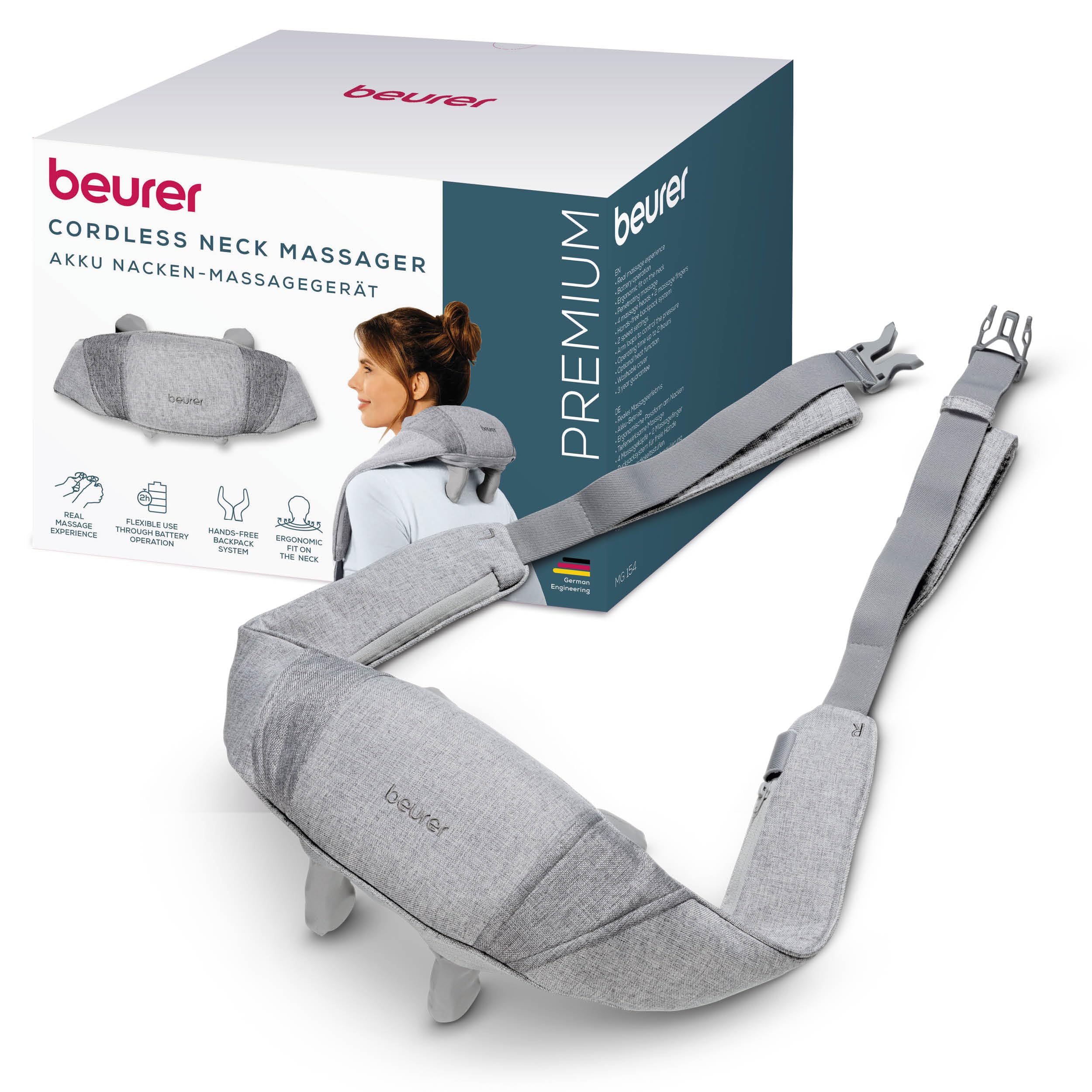 Beurer MG 154 Aparato de masaje para la nuca con batería con función de calor, para hombros y nuca, funcionamiento inalámbrico de hasta 2 horas, 6 cabezales y dedos de masaje que simulan las manos