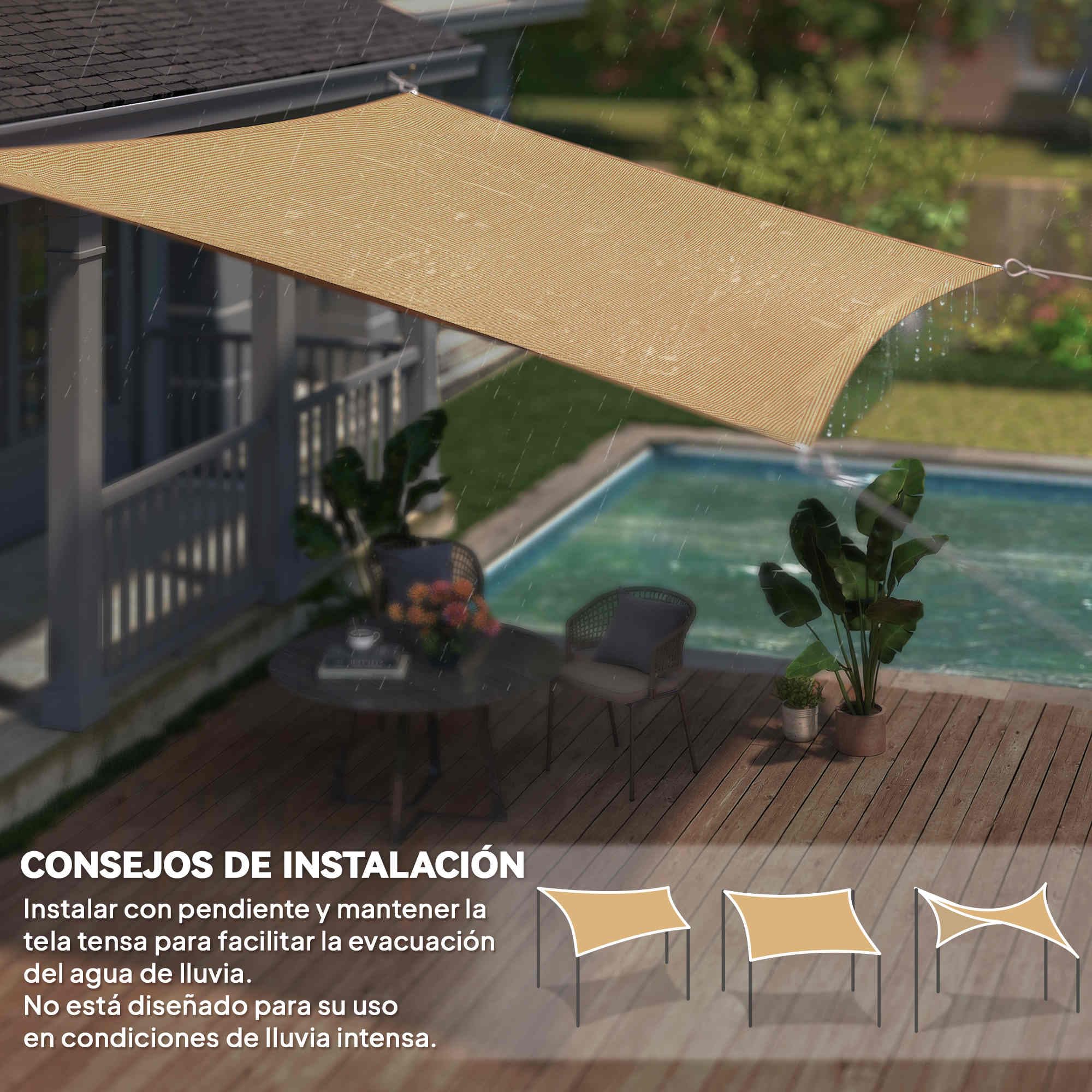 Outsunny Toldo Vela de Sombra Rectangular 4x6 m Toldo de Terraza de HDPE con Anti-UV Anillo de Acero Inoxidable y Cuerdas de Nylon para Jardín Patio Arena