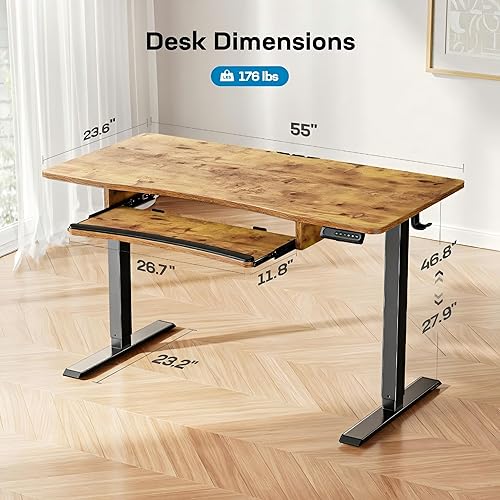 Vista 21 de HUANUO Escritorio eléctrico de pie con bandeja grande para teclado (26.7 pulgadas), escritorio de altura ajustable para oficina en casa, 4 ajustes