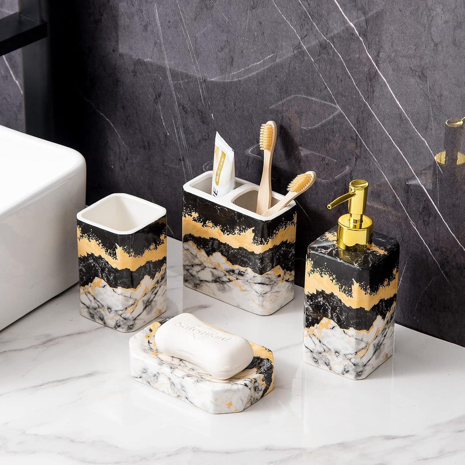 4 Piece Bathroom Accessories Set - Black and White Includes Lotion Dispenser, Toothbrush Holder Tumbler, and Soap Dish - Glossy Finish (Marble, Black, and White)