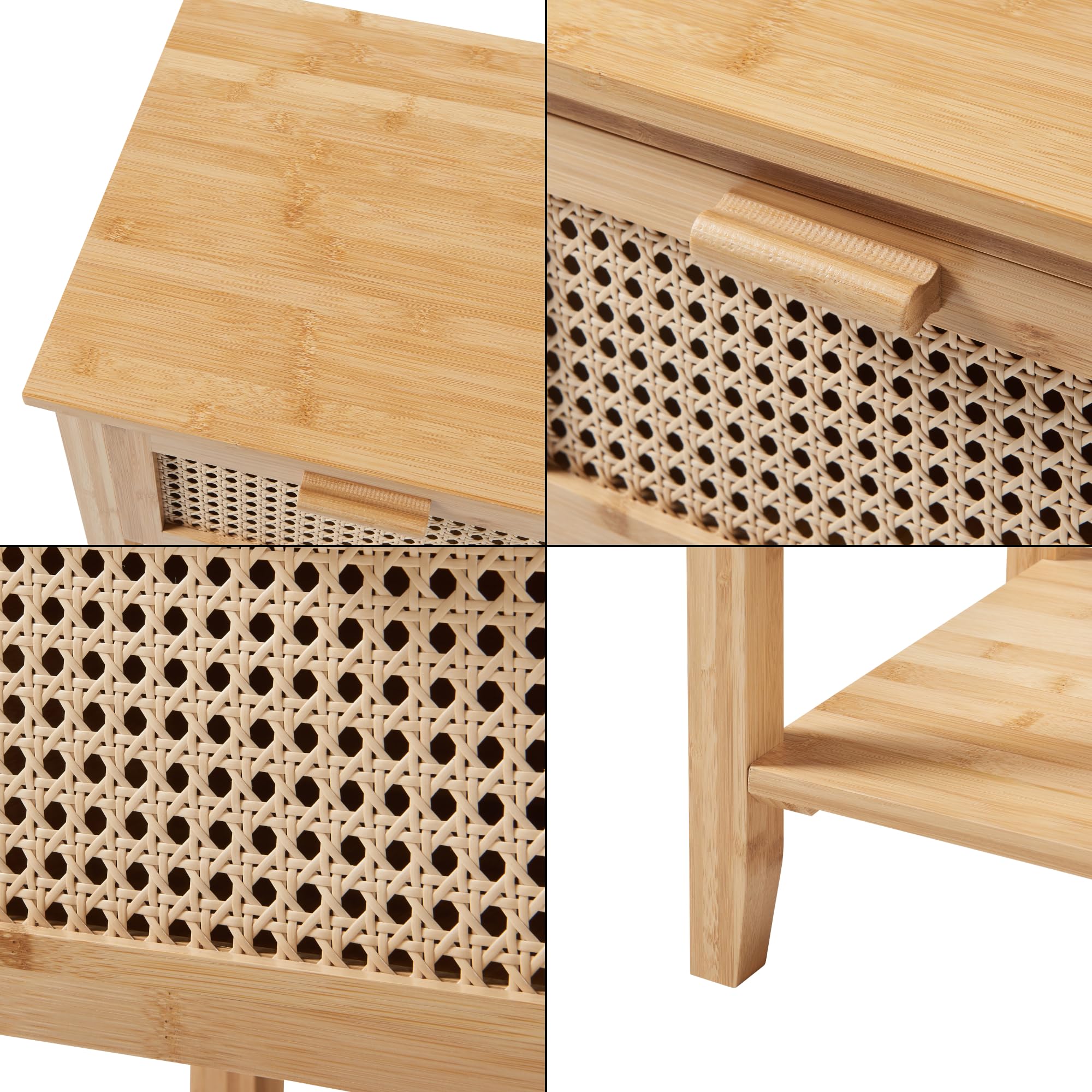 [en.casa] Comodino in Bambù con Cassetto e Ripiano Mobiletto Notturno da Letto Tavolino Laterale da Divano Soggiorno Ingresso 60 x 40 x 35 cm - Colore Naturale/Effetto Rattan