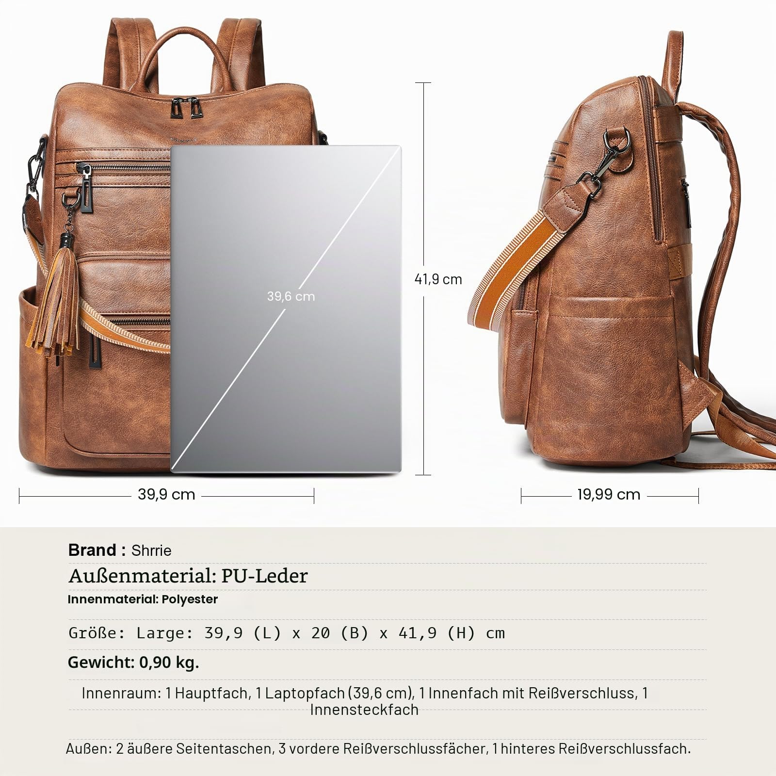 Shrrie 15,6 Zoll Laptop-Rucksack für Damen – Großer Reiserucksack aus Leder, wasserabweisend, für Freizeit, Uni, Arbeit, Handgepäck-Zweifarbiges Braun