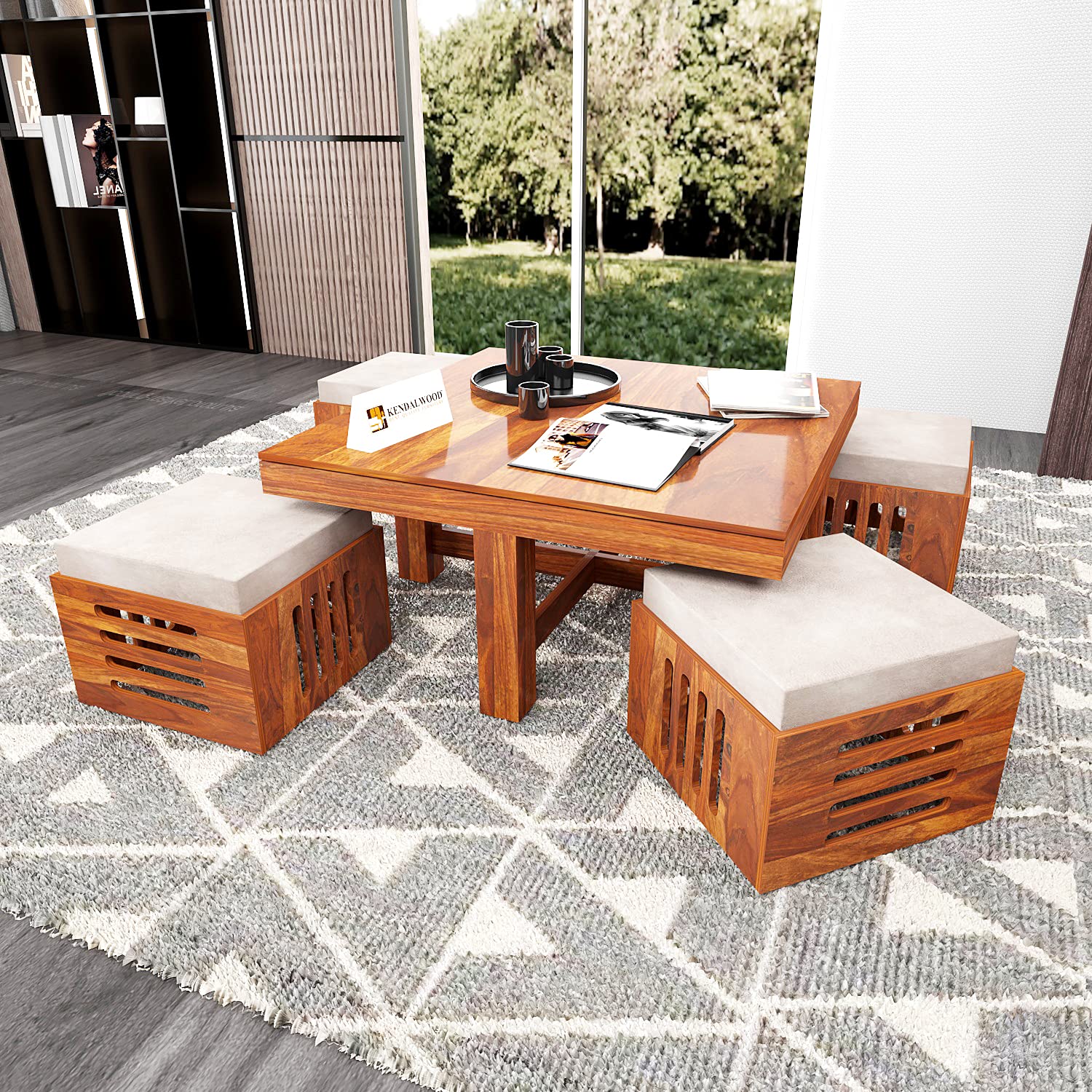 KENDALWOOD™ Furniture Square Sheesham Wood Coffee Table for Living Room | Coffee Table with 4 stools | Finish Color:- Natural Brown