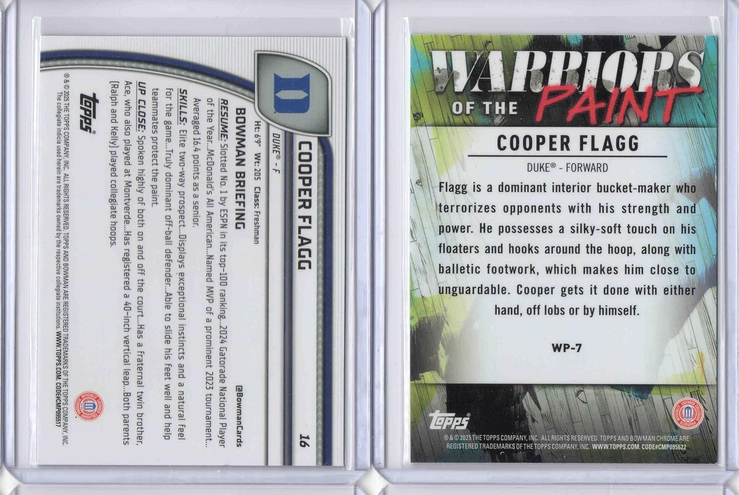 Lot of Two 2024-25 Trading Card Chrome University Cooper Flagg College Basketball Trading Cards - One Parallel and One Insert - 2024-25 Trading Card Chrome University Black Wave Refractors #16 Cooper Flagg - 2024-25 Trading Card Chrome University Warriors of the Paint #WP7 Cooper Flagg - Duke BDs