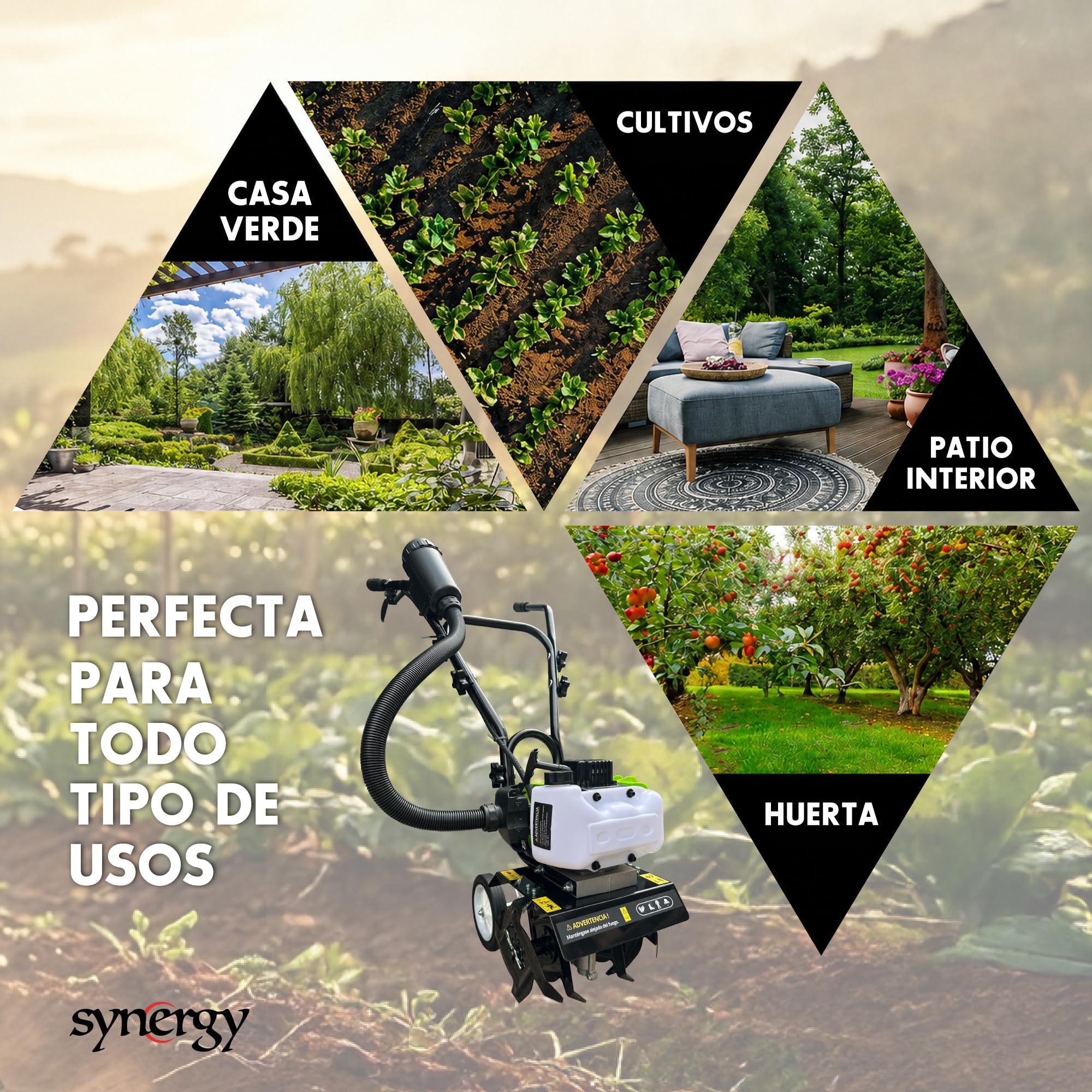 Synergy Mini Motoazada Gasolina 52cc 2CV – Motor 2 Tiempos – Ancho de Trabajo 26cm – 4 Cuchillas Reforzadas y Ruedas de Transporte – Modelo Groundwork