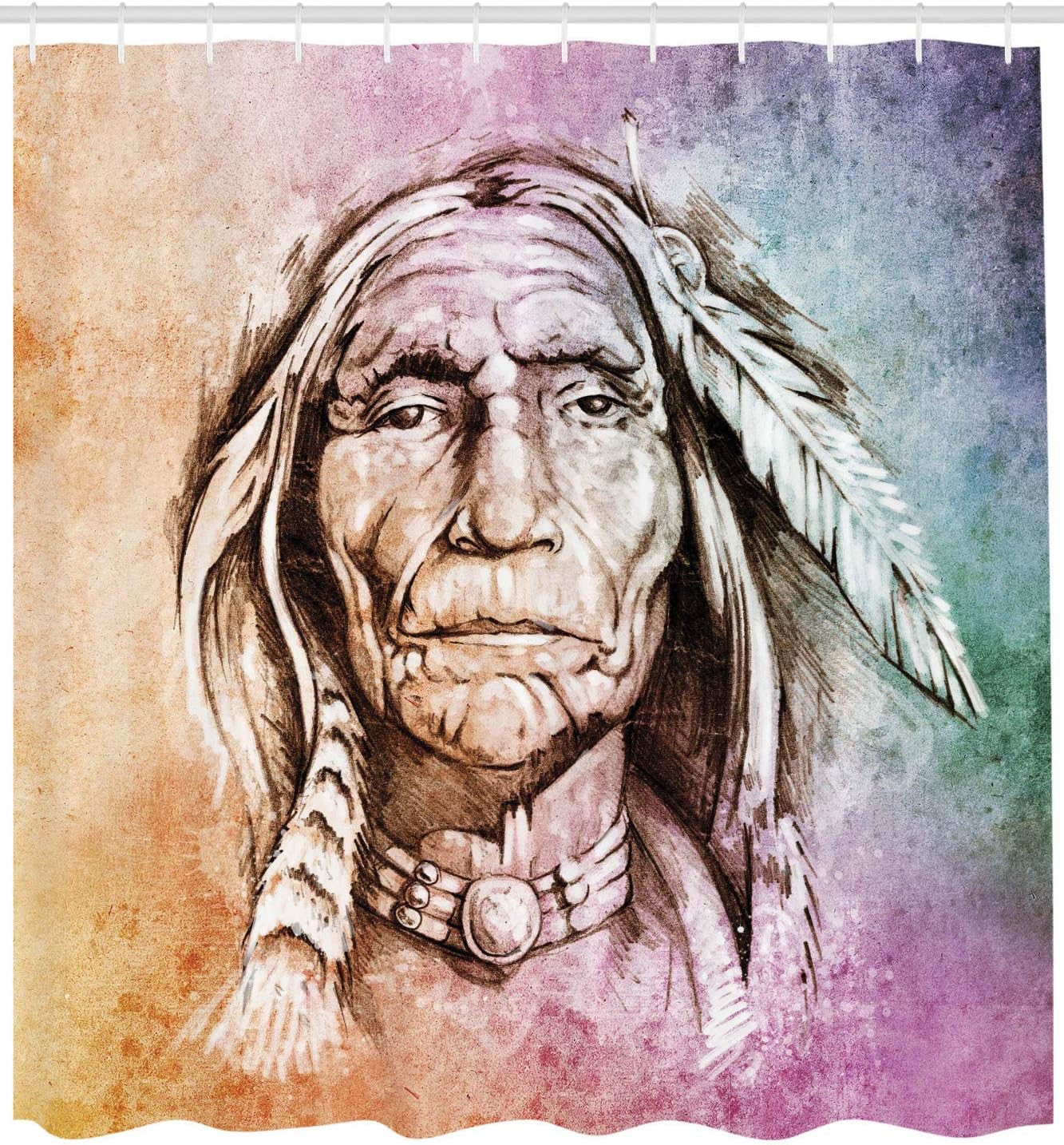 Ambesonne Colorful Shower Curtain, Portrait of Chief Feather Band Watercolor Style Image, Cloth Fabric Bathroom Decor Set with Hooks, 69" W x 84" L, Light Orange