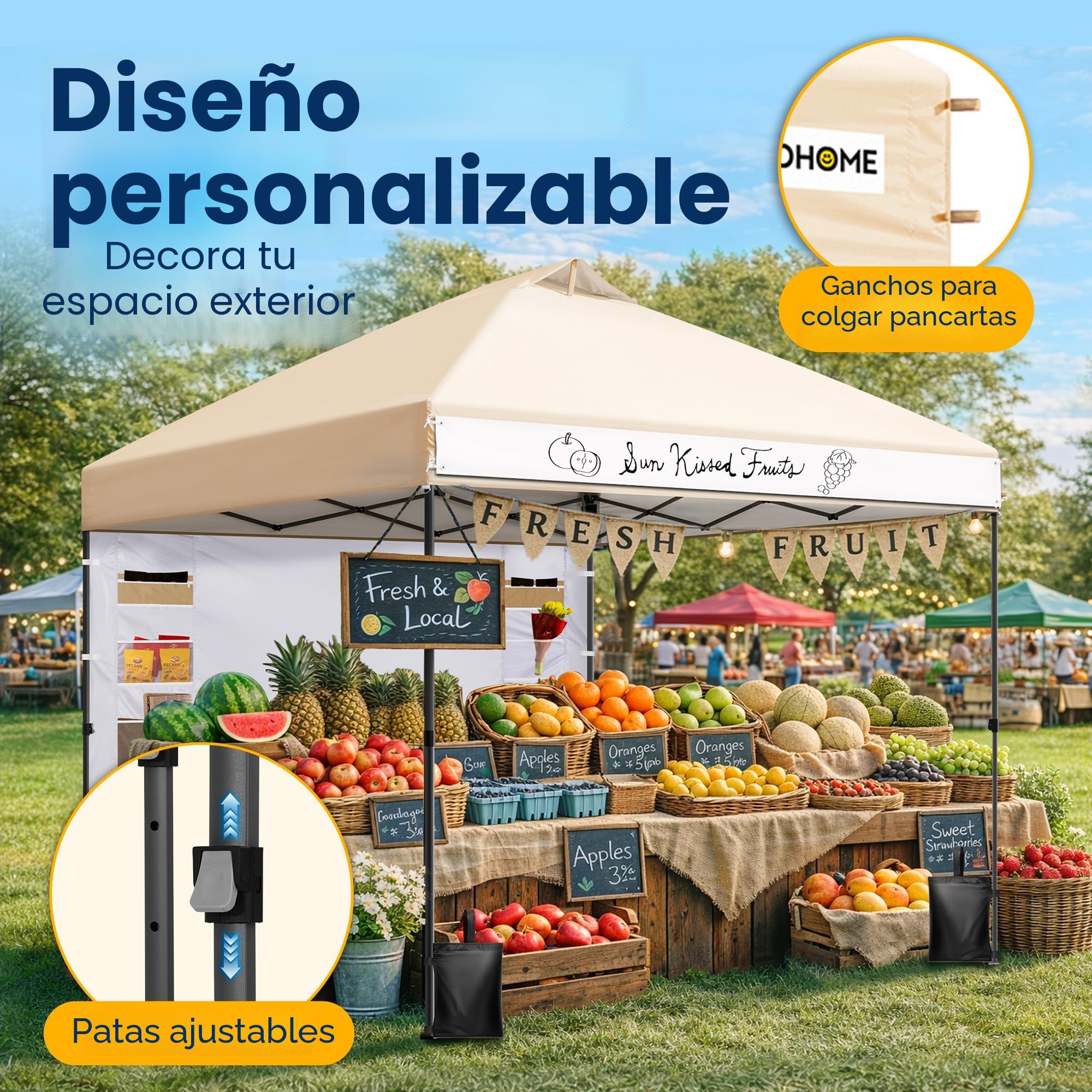 VIVOHOME Carpa Plegable 3x3m Cenador de Jardín con Pared Lateral Altura Ajustable Impermeable Anti-UV Gazebo con Ventilación para Playa 4 Bolsas de Arena con Ruedas para 8-10 Personas
