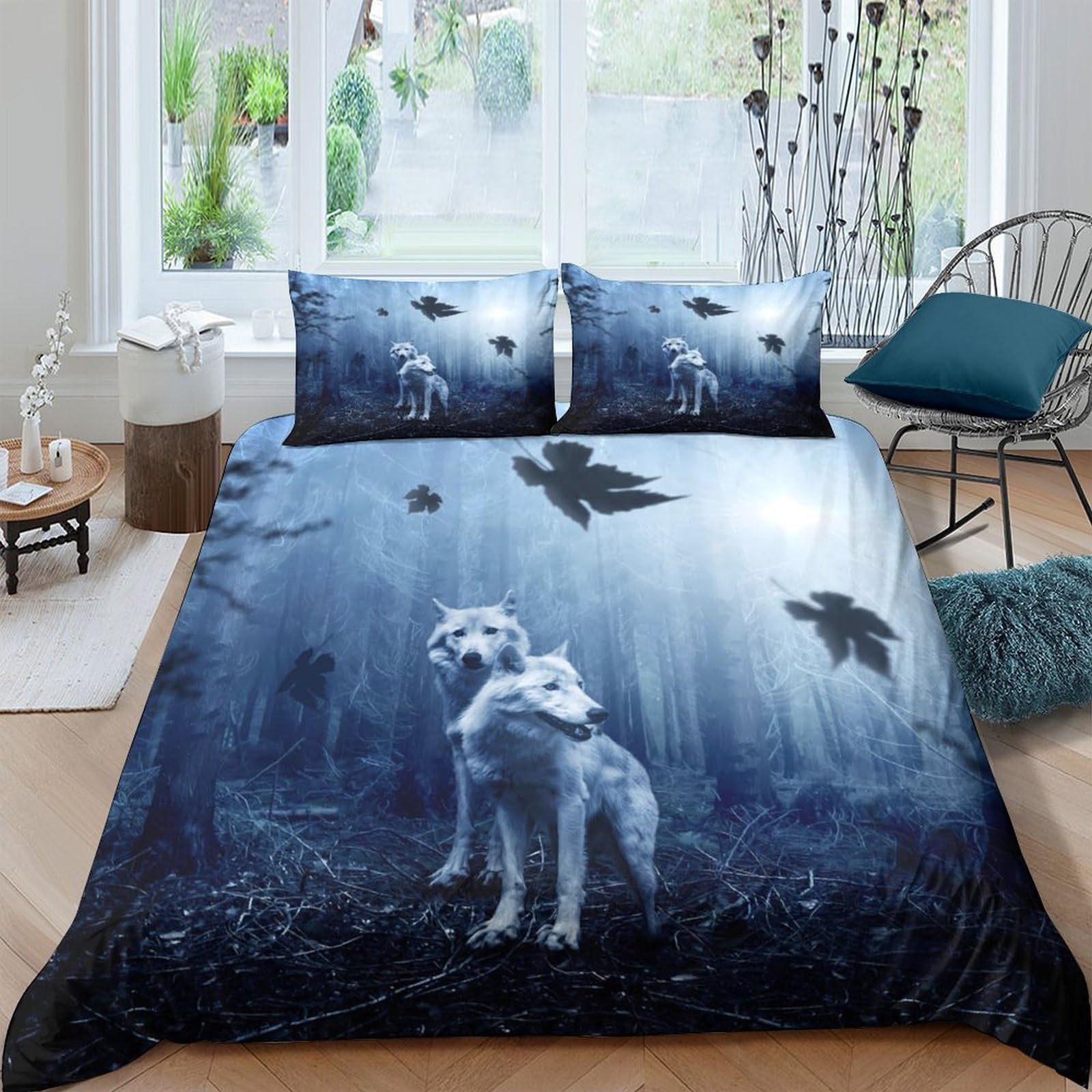 Ctjqhvkz Style-10 3D Printed Wolf Forest Fitted Sheet Microfiber Soft Blue Fantasy Bed Cover For Bedroom Guest Room Decor Single（135X200cm）