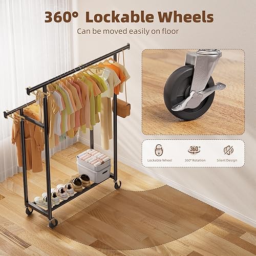 Miniatura 3 de Simple Trending Percheros de doble varilla, perchero de metal con ruedas para colgar ropa, perchero portátil con ruedas para dormitorio, lavandería,