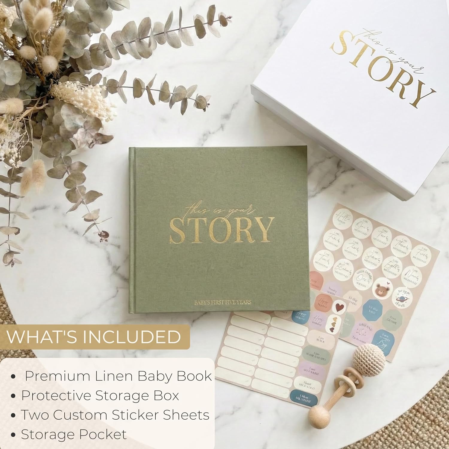 Baby Memory Book & Baby Keepsake Book to Record Baby's Milestones and Photos for Newborn Girl or Newborn Boy, Gender Neutral, Scrapbook Album, First 5 Year Journal Includes Stickers & Keepsake Box