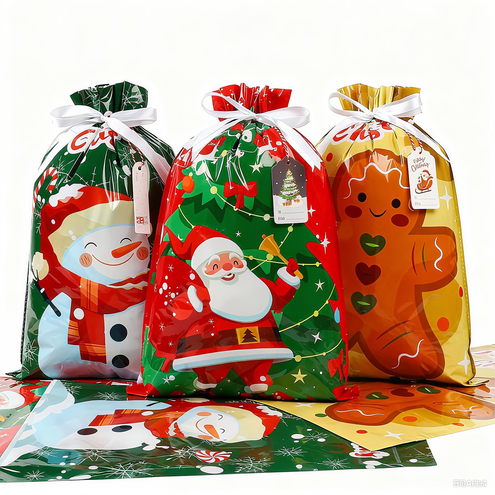 Christmas Drawstring Gift Bags Xmas Wrapping Bags for Large Medium Small Presents with 20 Tags, 12 Pcs Reusable Foil Wonder Gift Wrap for Party Eve Holiday Birthday, Luxury Santa Claus Ornament ﻿
