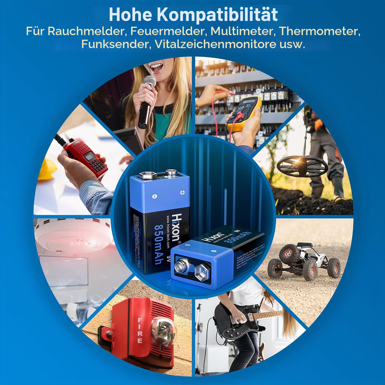 Hixon 9V Akku Wiederaufladbarer Li-Ion 850mAh und Ladegerät, Batterien Einstellen für Rauchmelder Multimeter Alarmsystem Walkie Talkie