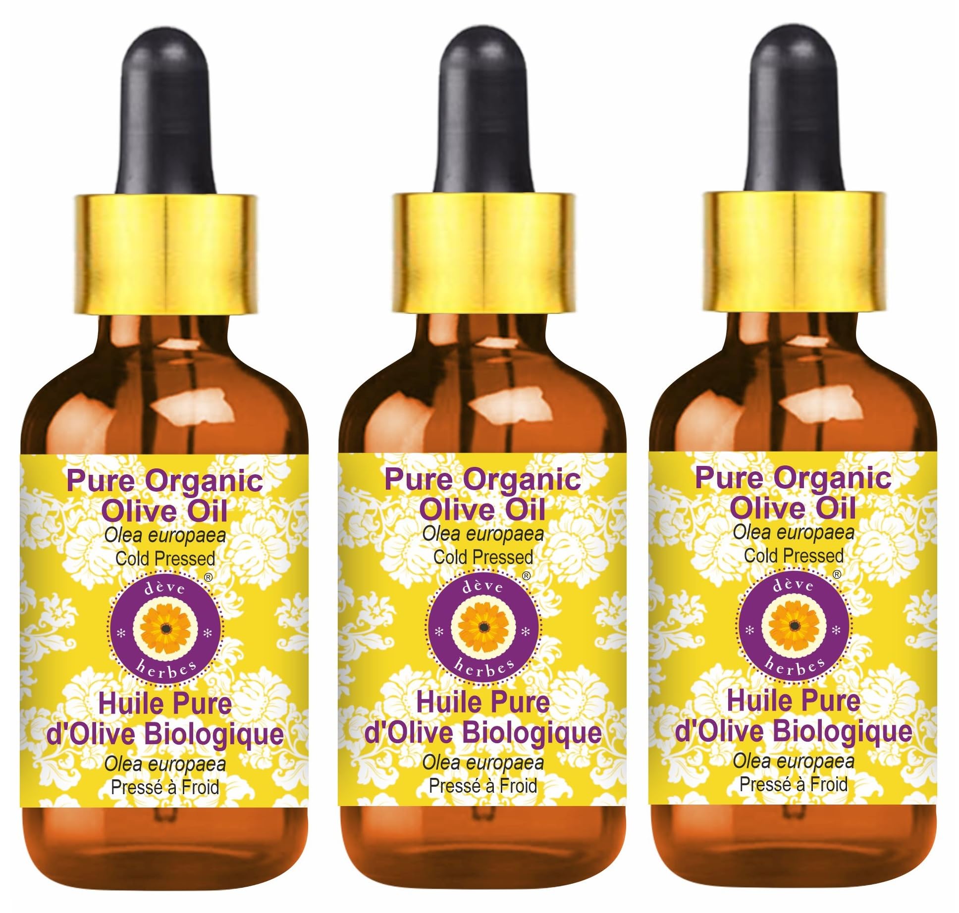 Deve Herbes Olio di oliva organico puro (Olea europaea) con contagocce in vetro, qualità terapeutica naturale, spremuto a freddo, 100 ml x 3 (10 oz)