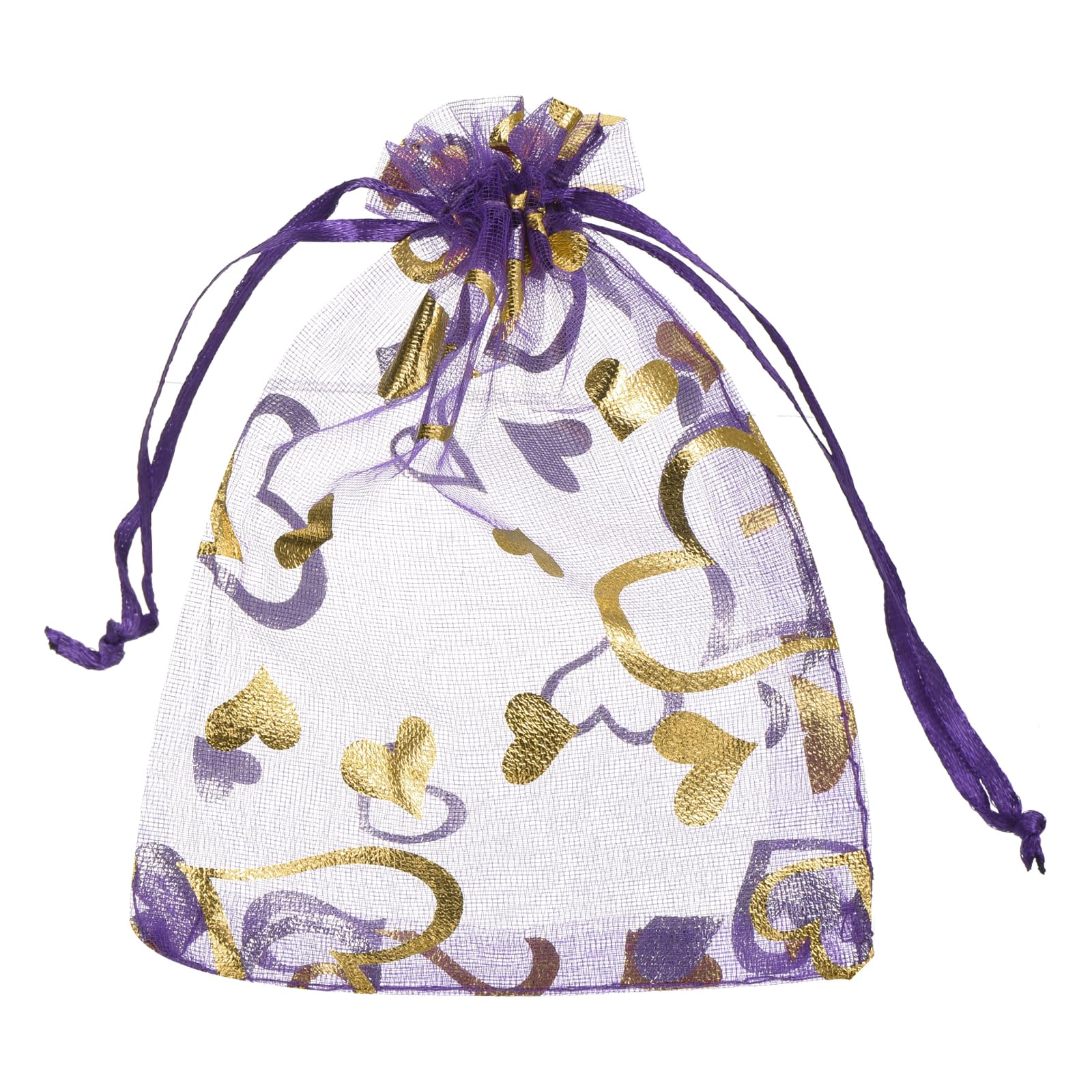 sourcing map Organza Bag 10 x 12cm, Sheer Heart Mesh Bags Drawstring Gift Bags Bulk Party Favor Bag Jewelry Pouches for Wedding Candy Valentines (Dark Purple-Gold, Pack of 50)