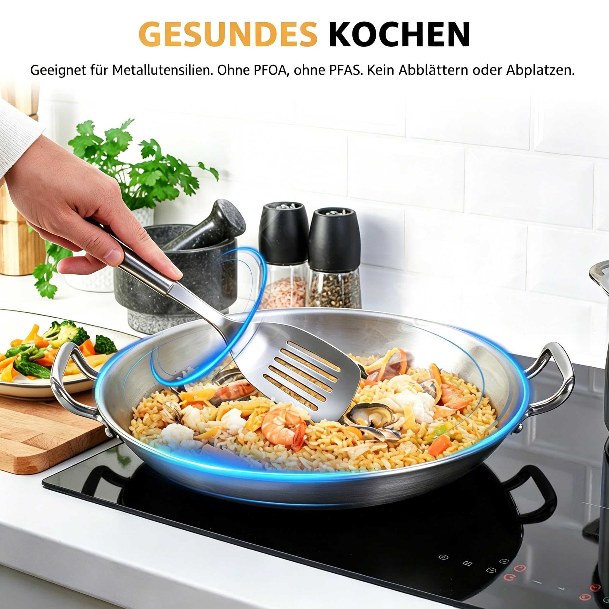 LOLYKITCH Paellapfanne 36 cm mit Glasdeckel Edelstahl unbeschichtet