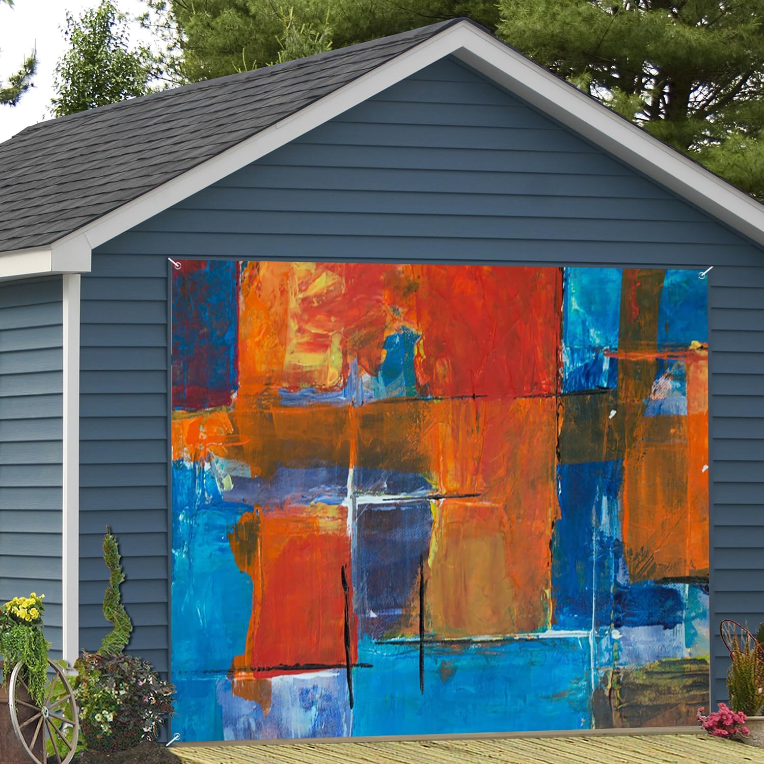 7x8ft Vibrant Abstract Garage Door Decor Oil Painting Bold Color Block Dynamic Brush Stroke Garage Backdrop for Artistic Events Modern Art Inspired Decoration Props